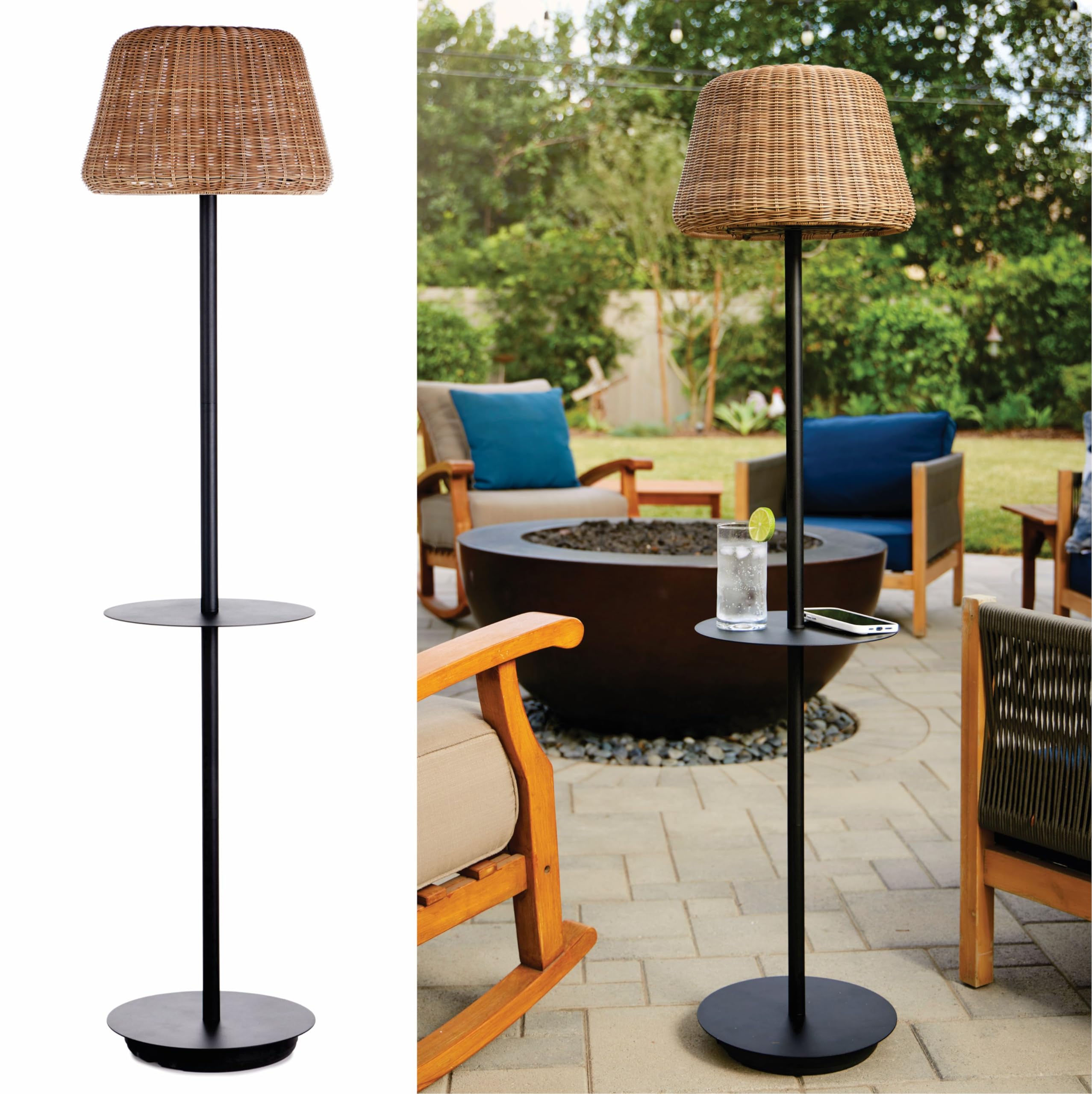 Solar Outdoor Floor Lamp With Table - Cordless Outdoor Floor Lamp - Patio, Porch, Garden - Rattan Wicker Lights For Outside - Waterproof, Rechargeable, Weatherproof