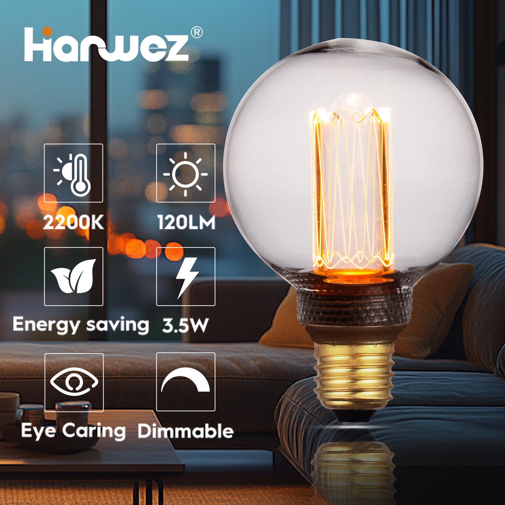 Harwez Globe Edison Led Light Bulb  Vintage Decorative Dimmable Bulb  Small Round Glass Cover  3.5W Low Lumen Eye-Caring Soft Dim Lighting For Mood(Not Daylight White)  E26 Medium Base  Clear Rn G80