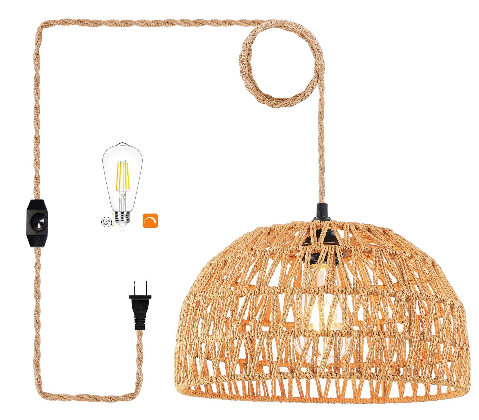 Plug In Pendant Light Rattan Hanging Lights With Plug In Cord Wicker Hanging Lamp With Woven Bamboo Basket Lamp Shade,Dimmable S