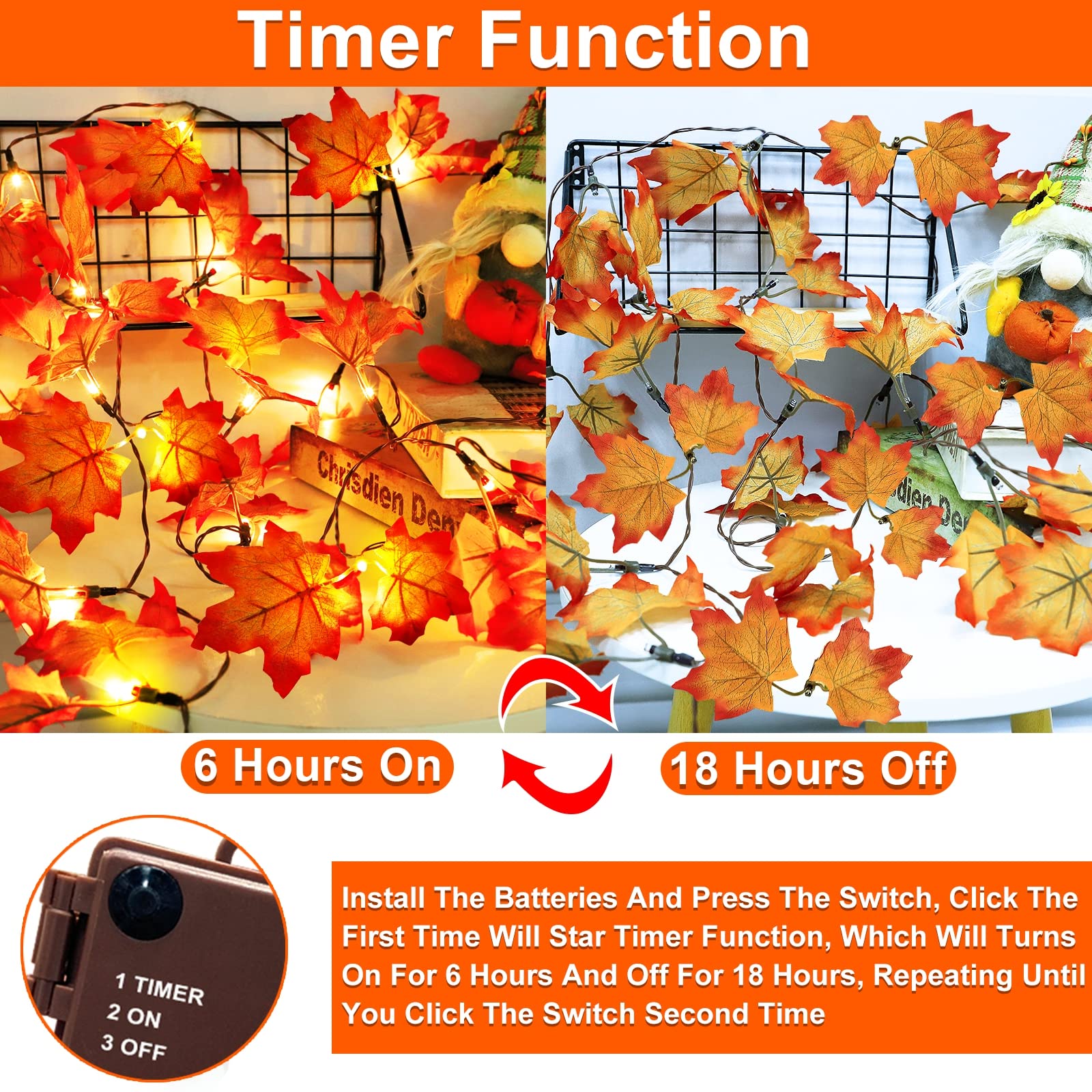 [ Timer & Thicker Leafed ] 2 Pack Fall Garland With Lights Fall Thanksgiving Decor Total 80 Leafed 40Led 20Ft Battery Operated Two Leafed Paired With Each Bright Led Fall Halloween Decor Home Indoor