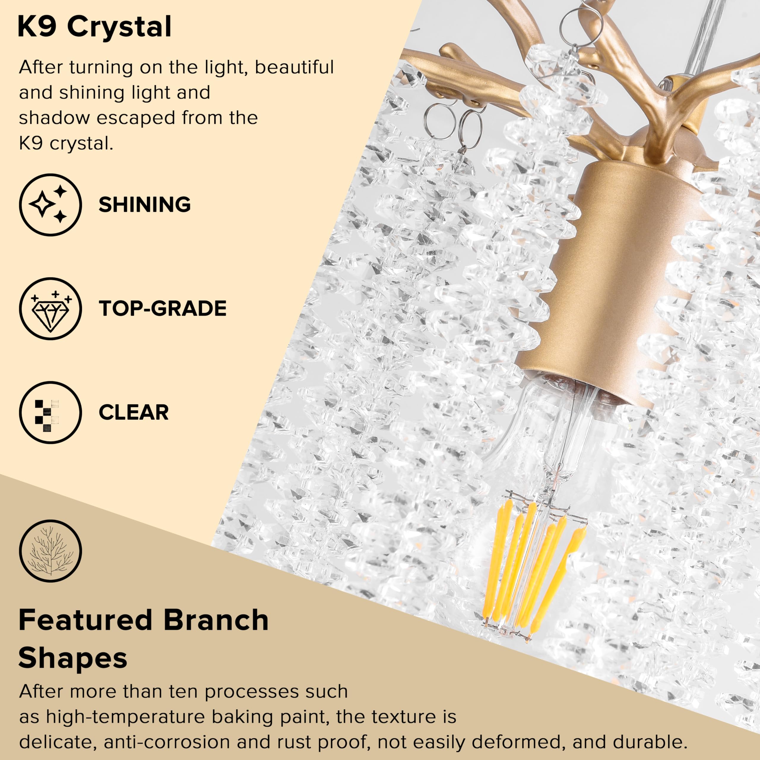MO&OK Crystal Chandelier Pendant Light, Gold, 15Ft Cord, Model 17012, Modern Antler Design for Kitchen, Bedroom, Hallway