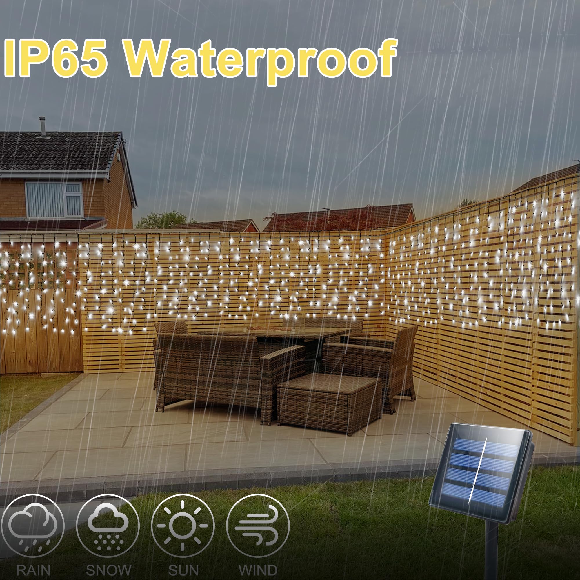 DBFAIRY Solar Curtain Lights, 300 LED, 19.6ft x 3.3ft, Waterproof, Cool White, Model 6X1-01CW