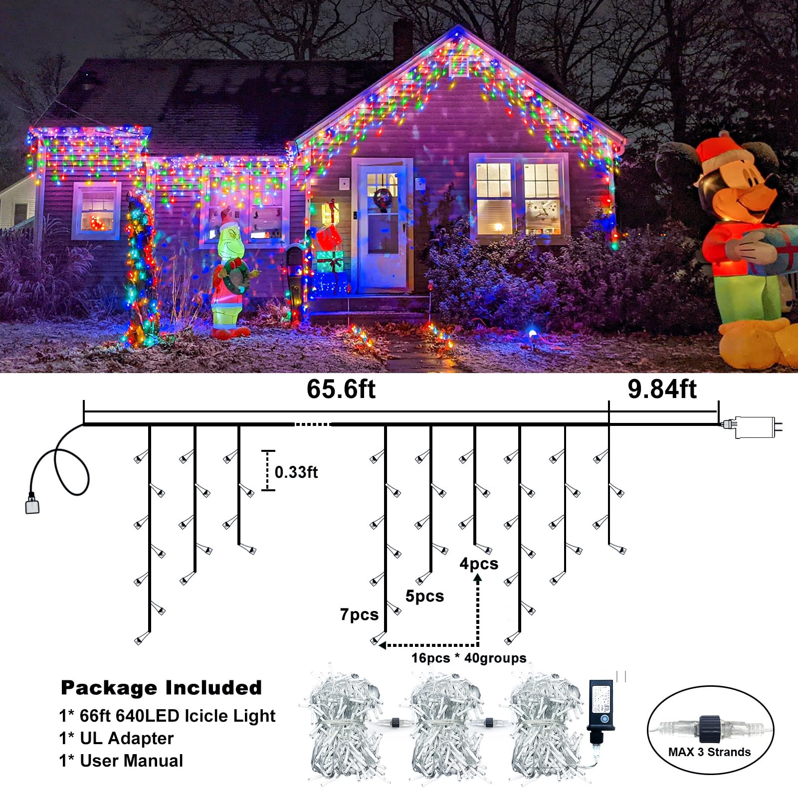 Multicolor Icicle Christmas Lights, 66Ft 640 Led Icicle String Lights With 8 Modes 120 Drops, Waterproof Plug In Curtain Fairy L