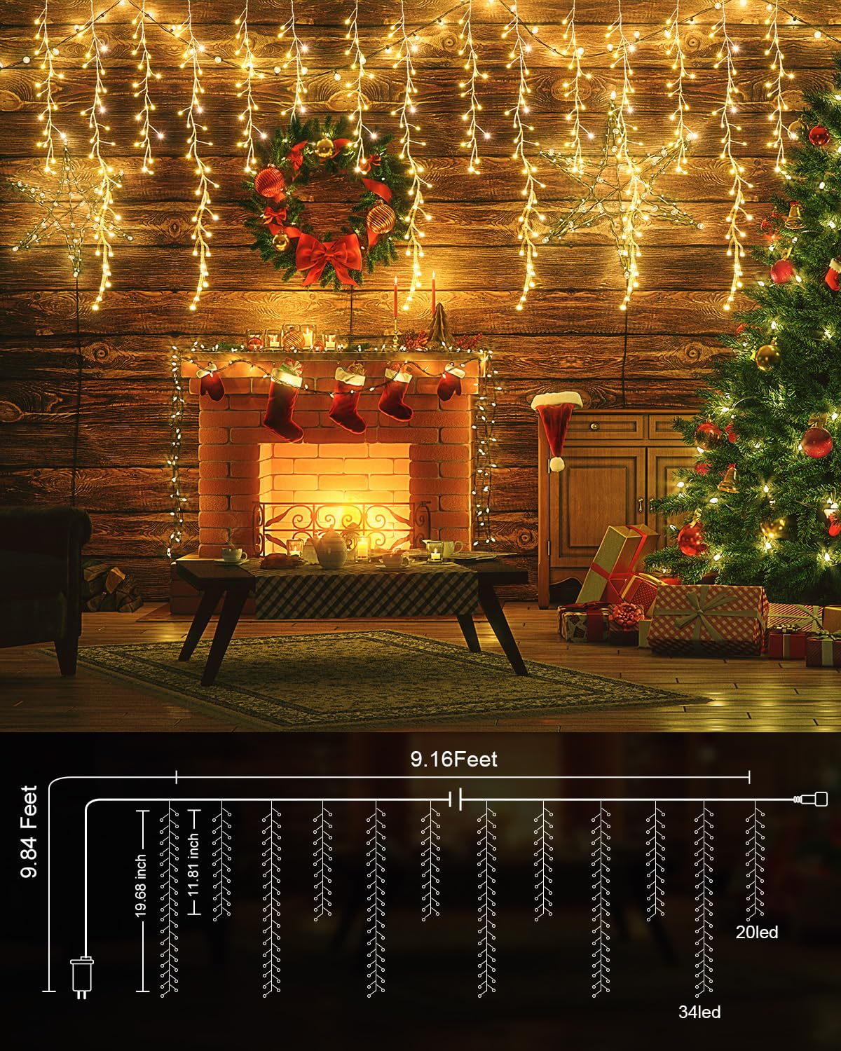 Minetom Cluster Icicle Lights Outdoor, 9Ft 400 Led Icicle Lights With 15 Drop,8 Mode Icicle String Lights, Waterproof Firecracker Christmas Lights Outdoor House Decoration, Warm White