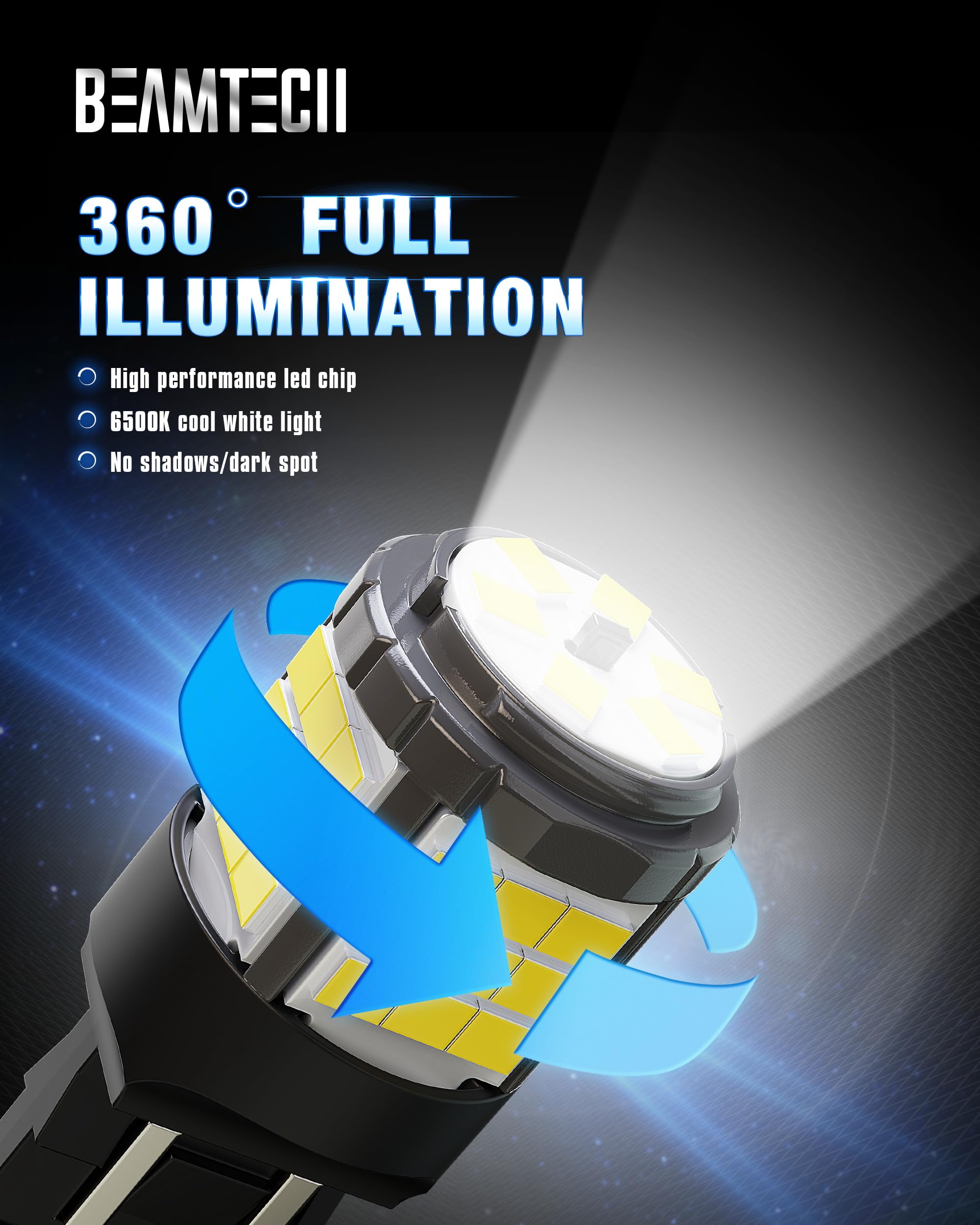 BEAMTECH 7440 7443 LED Bulbs - 6500K White, CANBUS, Super Bright T20 Replacement for Reverse, Tail, Brake Lights, Pack of 2