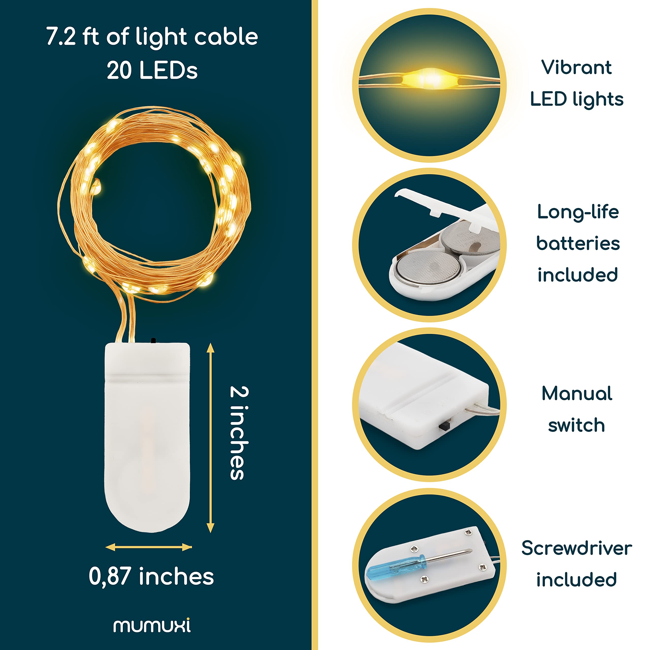 Mumuxi 24 Pack 7.2Ft Warm White Battery Operated Fairy Lights, 20 Mini Led Copper Wire String Lights For Weddings & Home Decor
