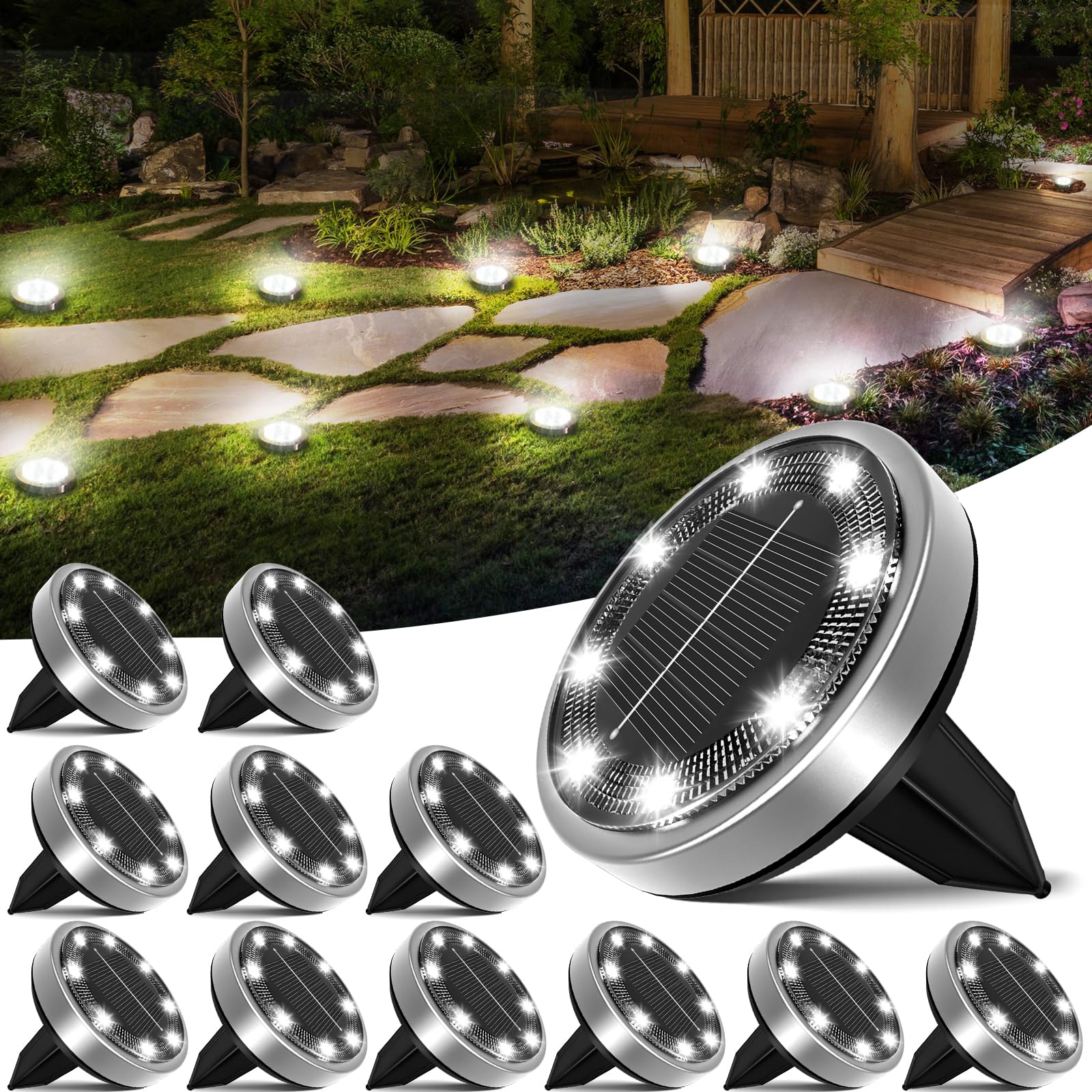 nipify Solar Ground Lights Outdoor, 12 Pack, Waterproof, 8 LED, Stainless Steel & Plastic, Cool White for Yard Garden Walkway