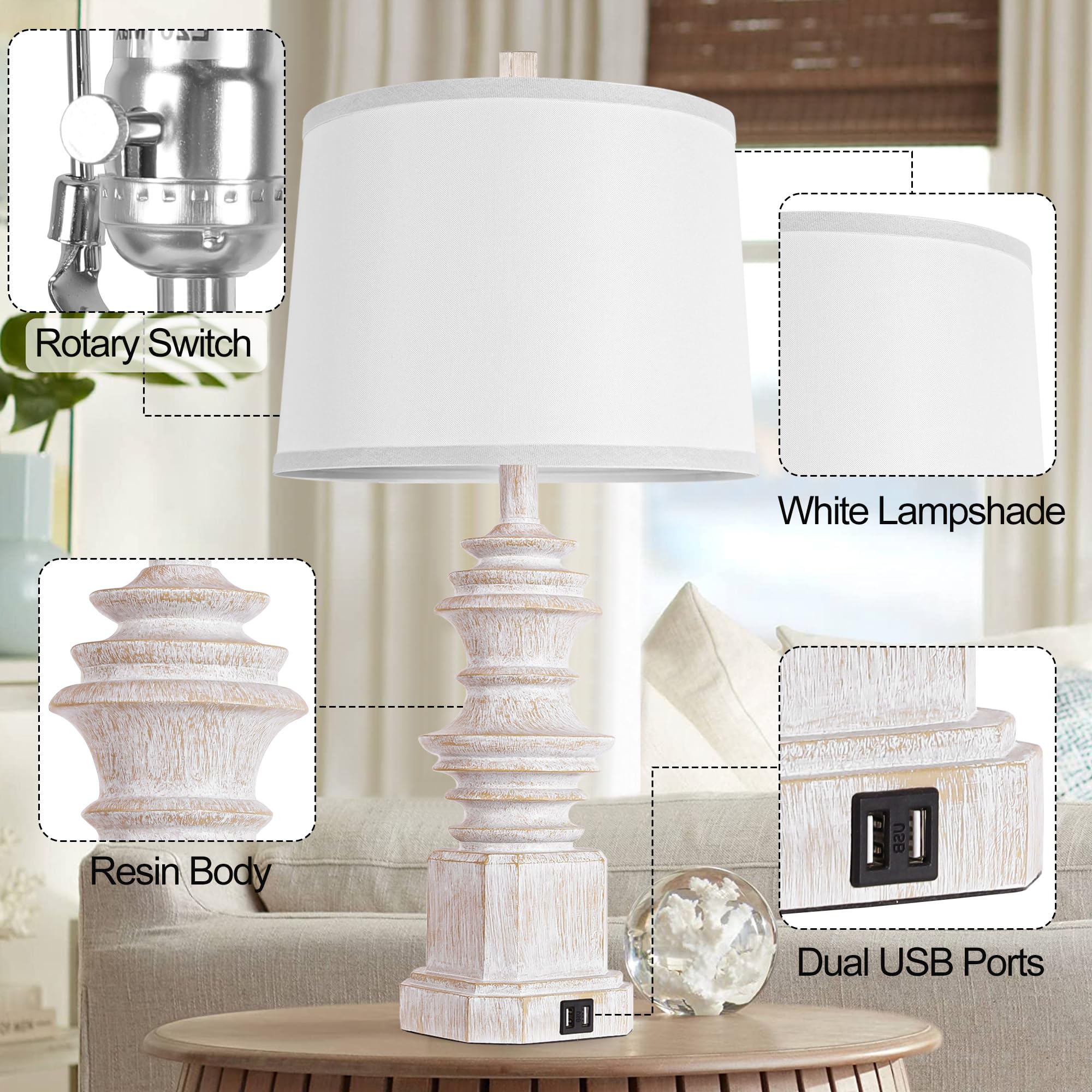 QiMH Table Lamps Set of 2 with Dual USB Ports, White Fabric Shade, Farmhouse Style, Model QMLP307AWL