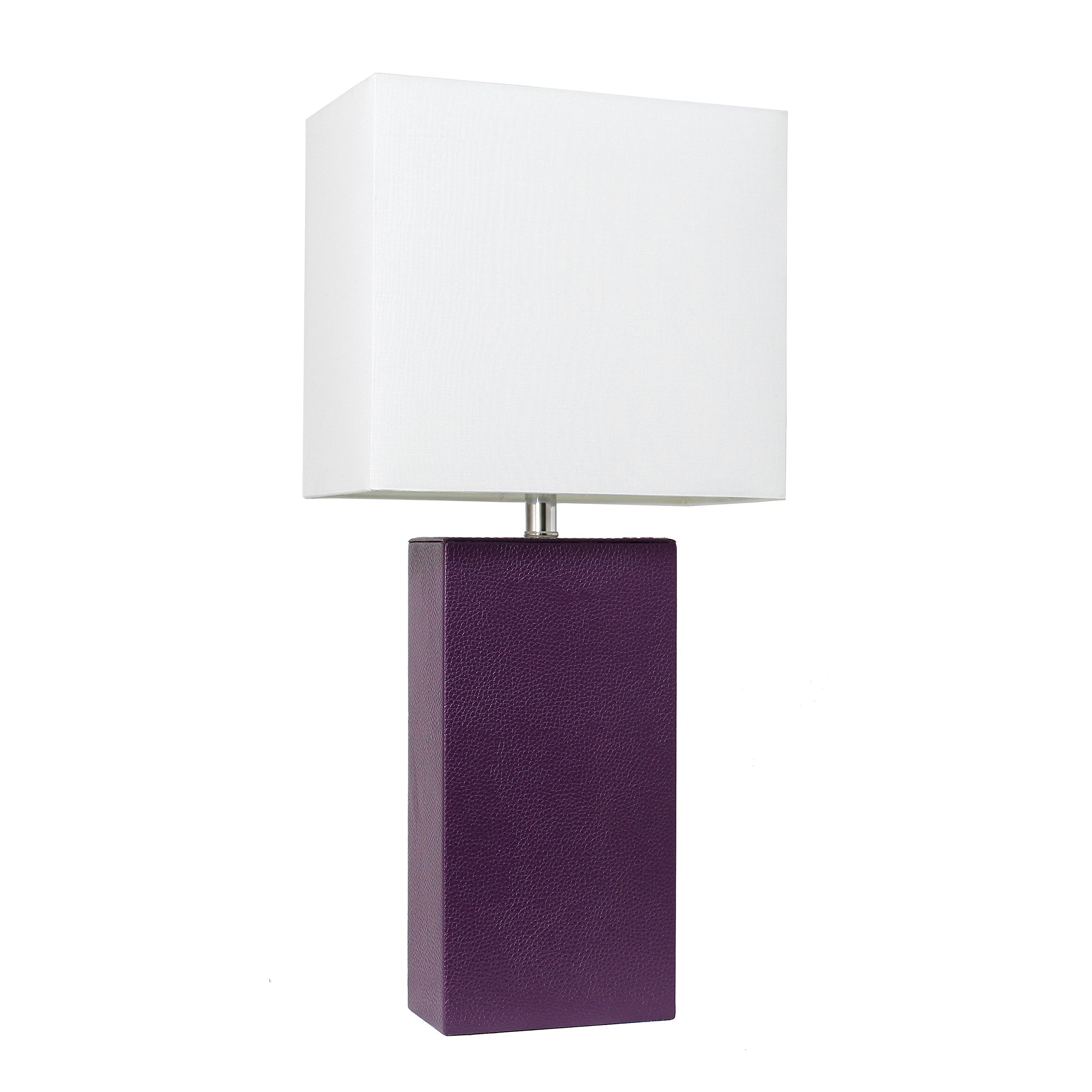 Elegant Designs Modern Leather Table Lamp, Engineered Wood, White Fabric Shade, Contemporary Size, Eggplant Color, Model LT1025-EGP