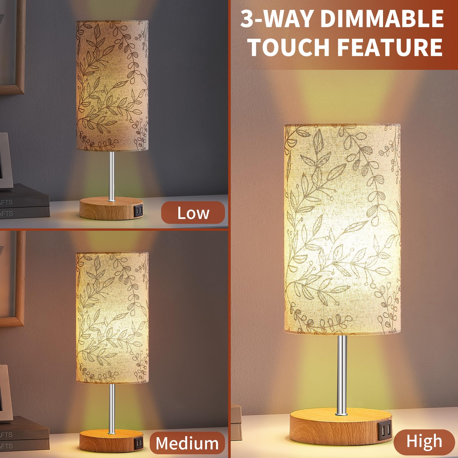 Bedside Touch Lamp, Wood Small Table Lamp For Bedroom With 2 Usb Charging Ports & Flower Fabric Shade, 3-Way Dimmable Nightstand