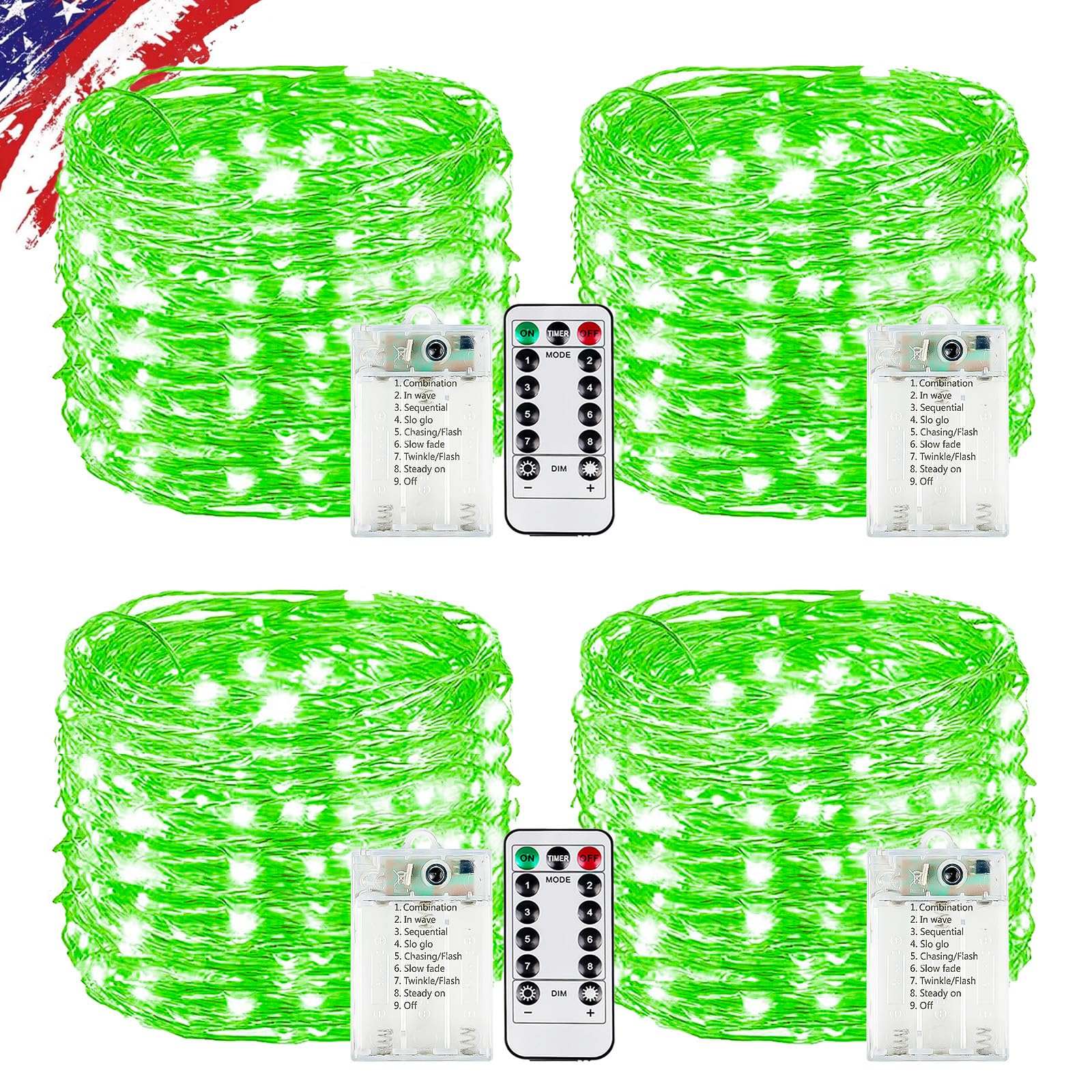 4 Pack Green Fairy Lights Battery Operated with Remote  Waterproof 20FT 60LED Cuttable Twinkle Lights with Timer Indoor Outdoor  String Light for Bedroom  Classroom  Wedding  DIY  Christmas D?cor