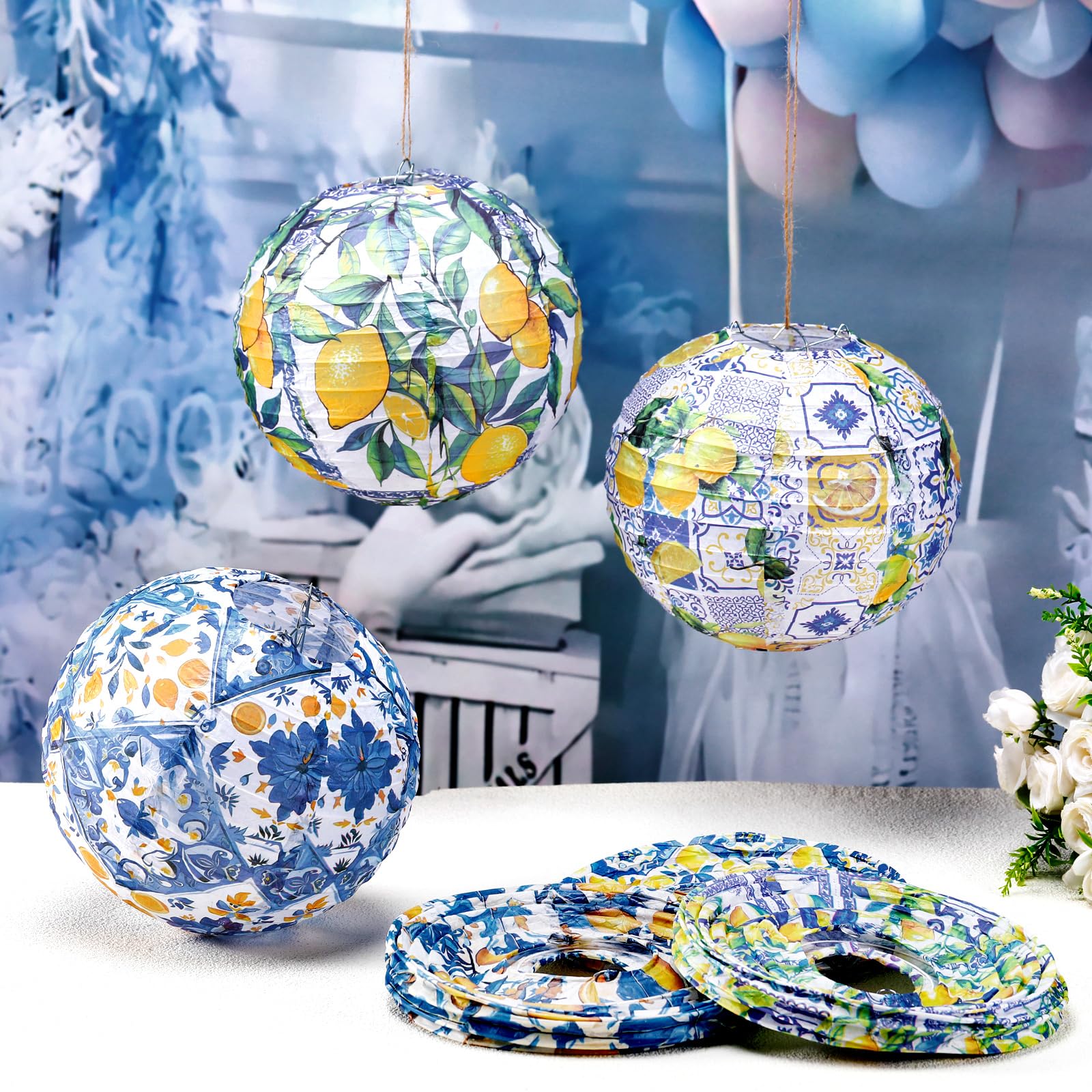 Rossesay 12 Pcs Capri Lemon Paper Lanterns, 8 Inch, Blue and Yellow, Indoor/Outdoor Decorations for Birthday, Wedding, Baby Shower
