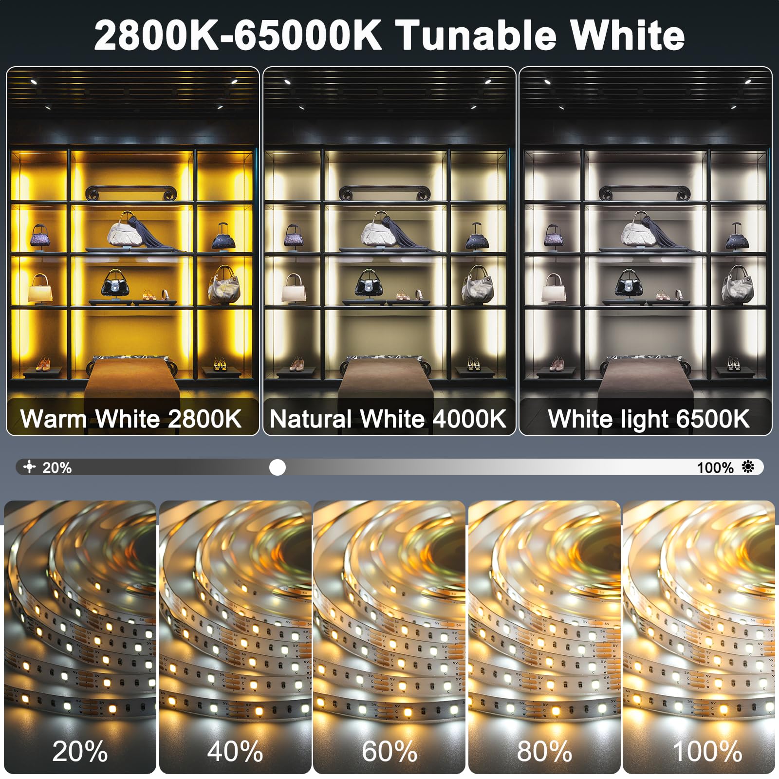 Led Strip Lights For Tv, 16.4Ft Lights Bar Flexible Lights With Self-Adhesive Dimmable Led Light Strips 2800K-6500K Warm To Daylight White For Stairs, Wardrobe, Kitchen, Mirror, Bedroom, Bar Cabinet