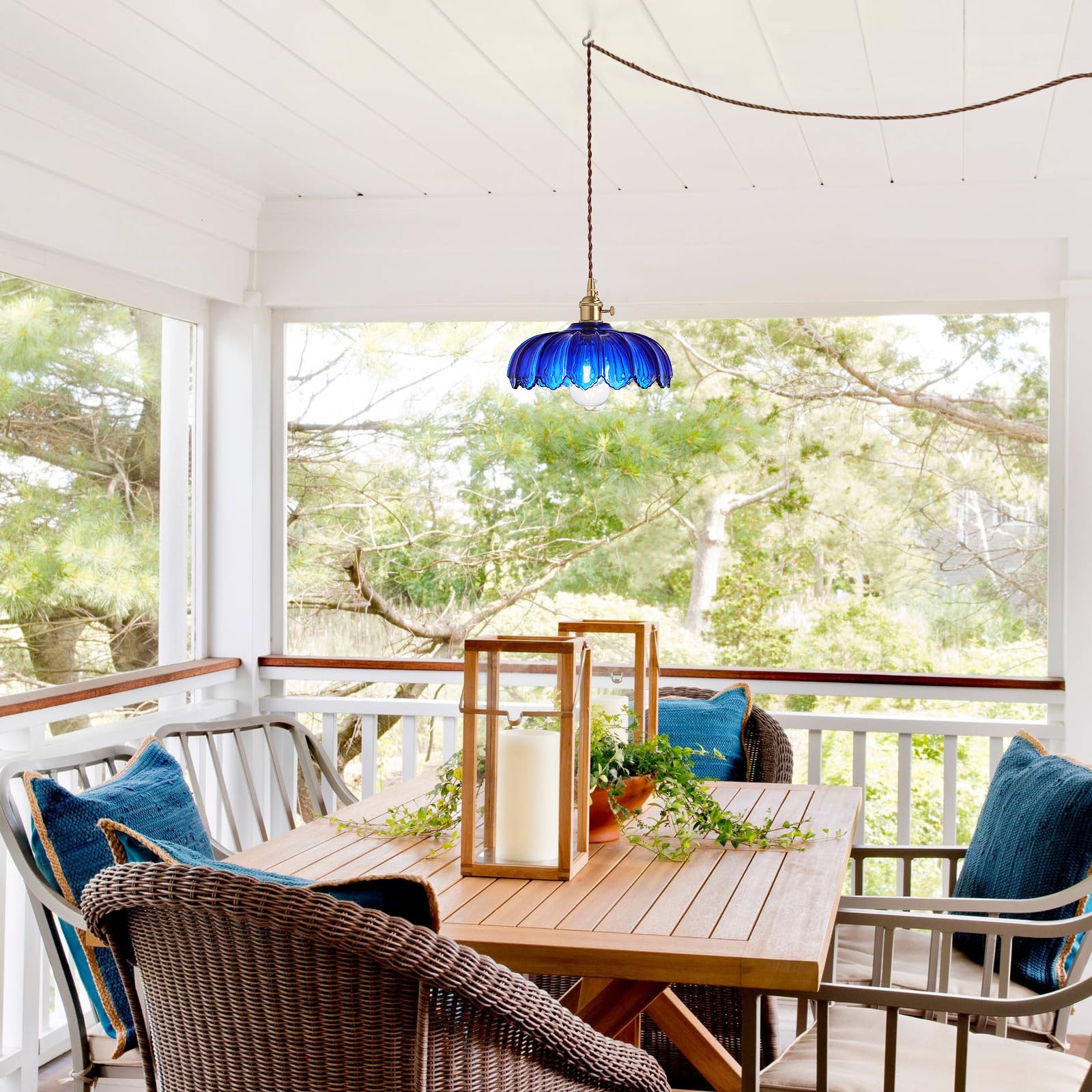 Xzhgcee Plug In Pendant Light: Hanging Light Plug In Fixture Bule Glass Hanging Lamp  Pendant Lighting For Kitchen Island  Bedroom  Dining Room  Living Room  E26 No Bulb