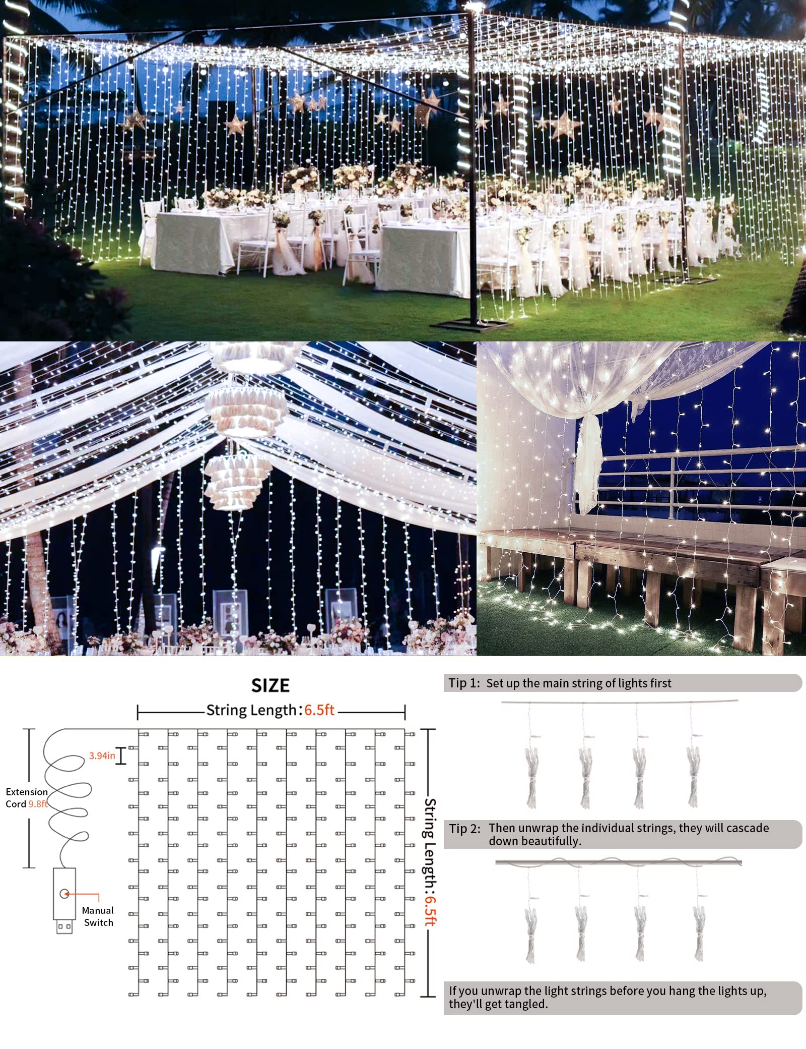 suddus White Curtain Lights - 200 LED Twinkle String Lights with Remote, 8 Modes, USB Plug-in, 6.5ft x 6.5ft for Wedding & Party Decor