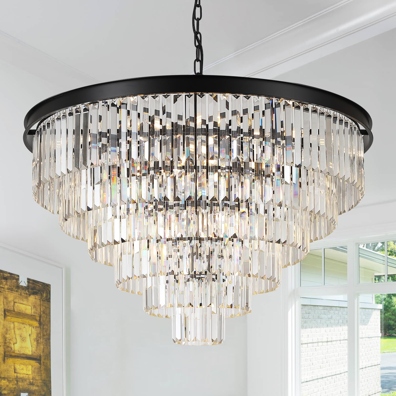 A AXILIXI 35in  Black Crystal Chandelier, 5-Tier, 22-Light, Metal Ceiling Pendant Light, Model DH88318