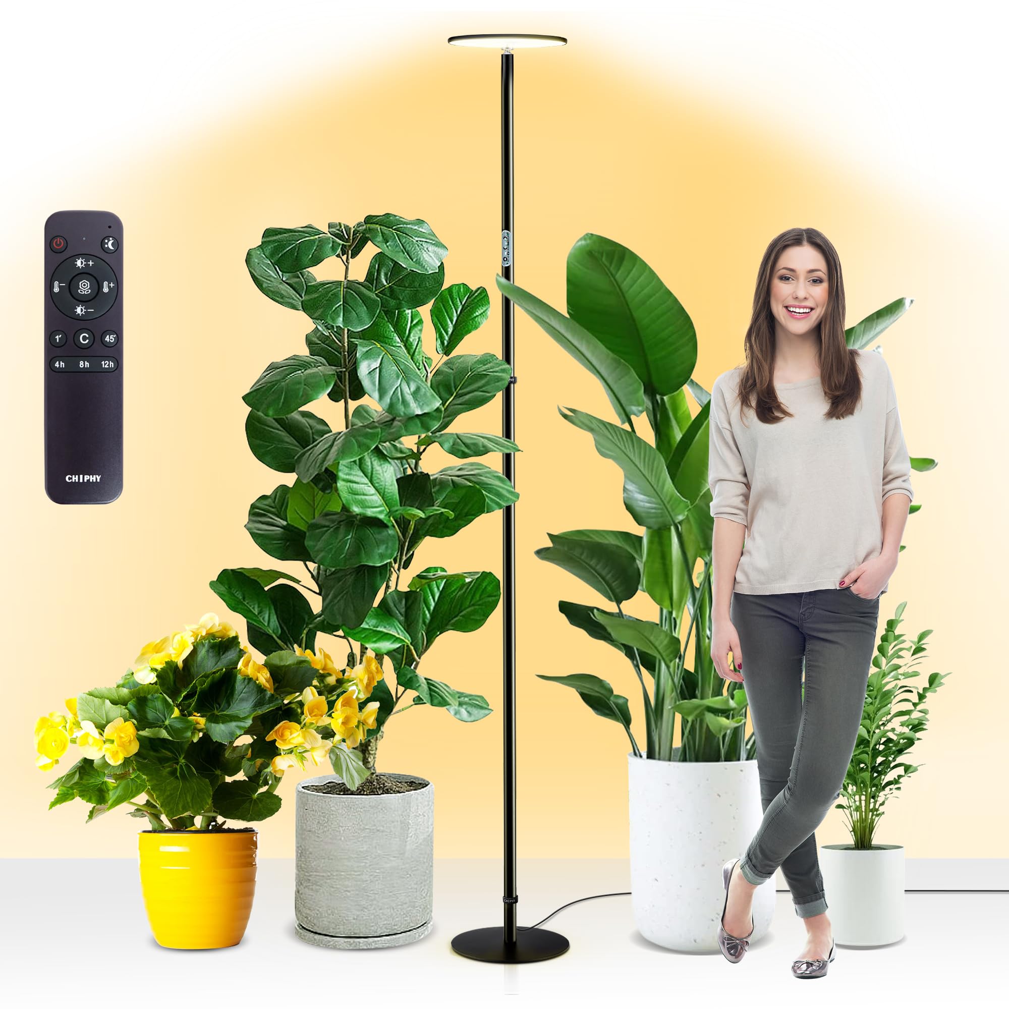 chiphy Grow Lights  Full Spectrum LED Plant Light for Indoor Plants  4/8/12H Timer  40W Grow Lamp  10 Level Dimmable Brightness  69 Heights Adjustable  Remote Control  Ideal for Large Tall Plants