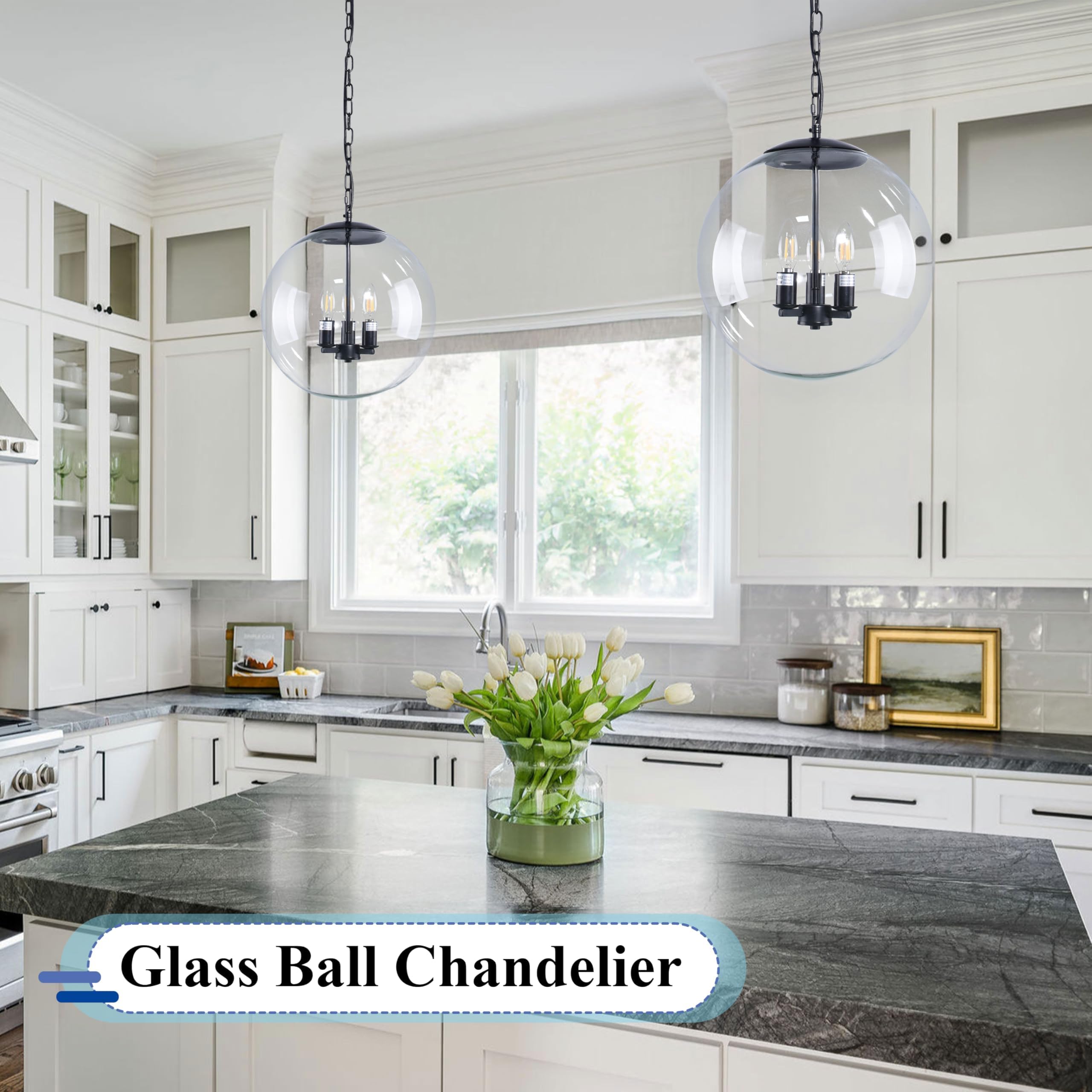 Koko&Yukina 13.7&quot; Black Globe Pendant Light, Clear Glass, Adjustable For Dining Room & Kitchen