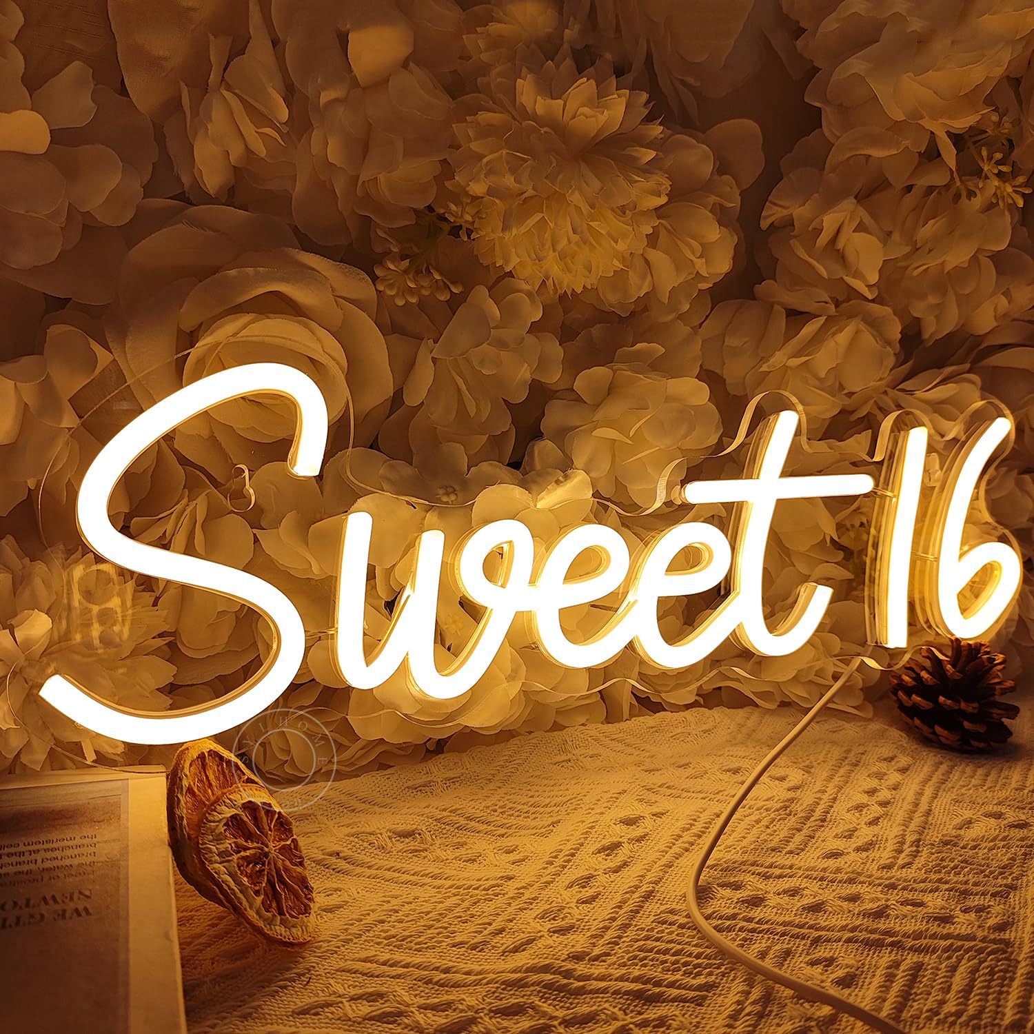 SYLHOME LED Neon Light Sign for Sweet 16 Birthday, Warm White, 15.75in x 5in, Acrylic, Model NS-ZF5VD-Sweet1602-WW