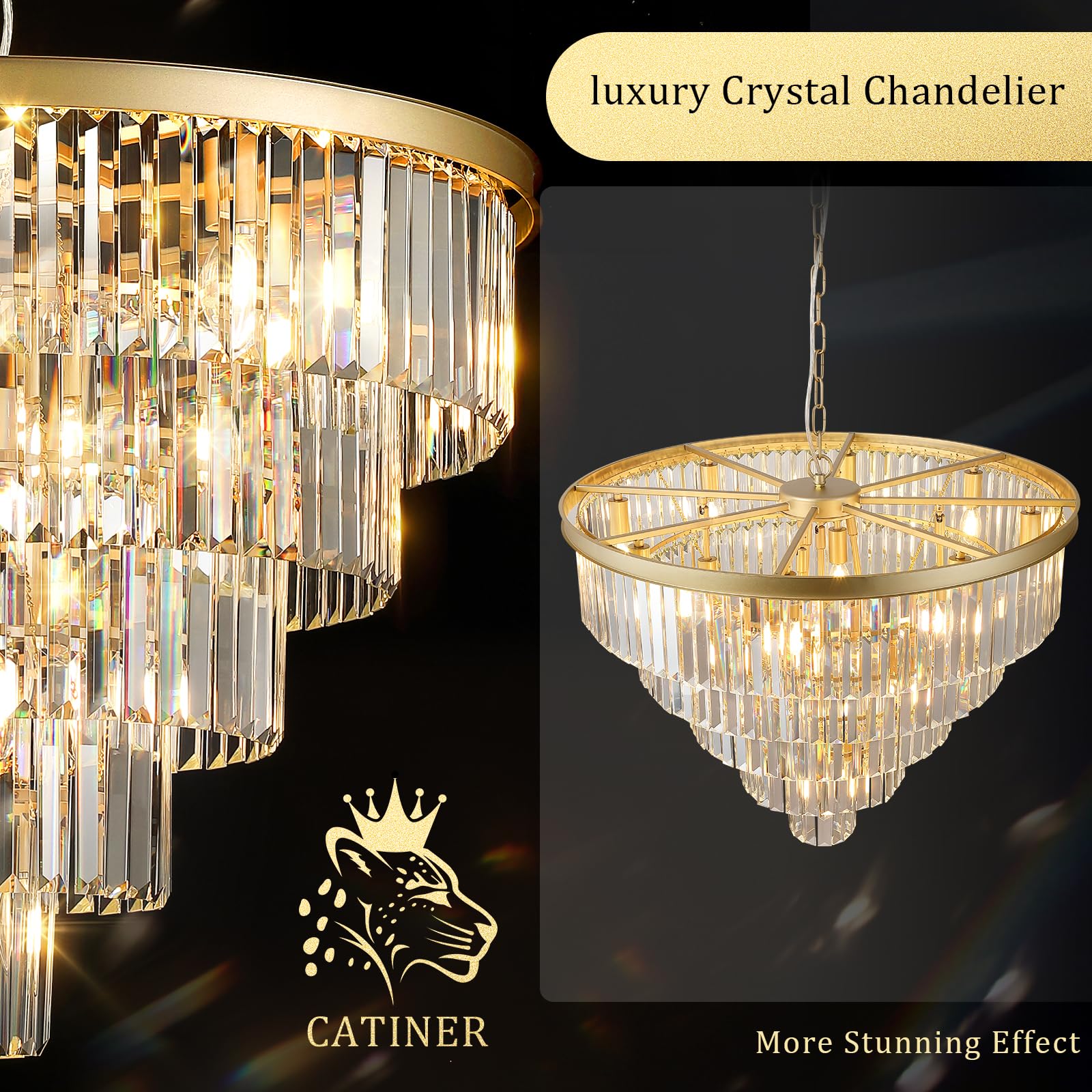 CATINER Large Crystal Chandelier - Modern 30” Gold Fixture, 5 Tiers, 16 Lights for Dining Room & Foyer, Model P91-750G1
