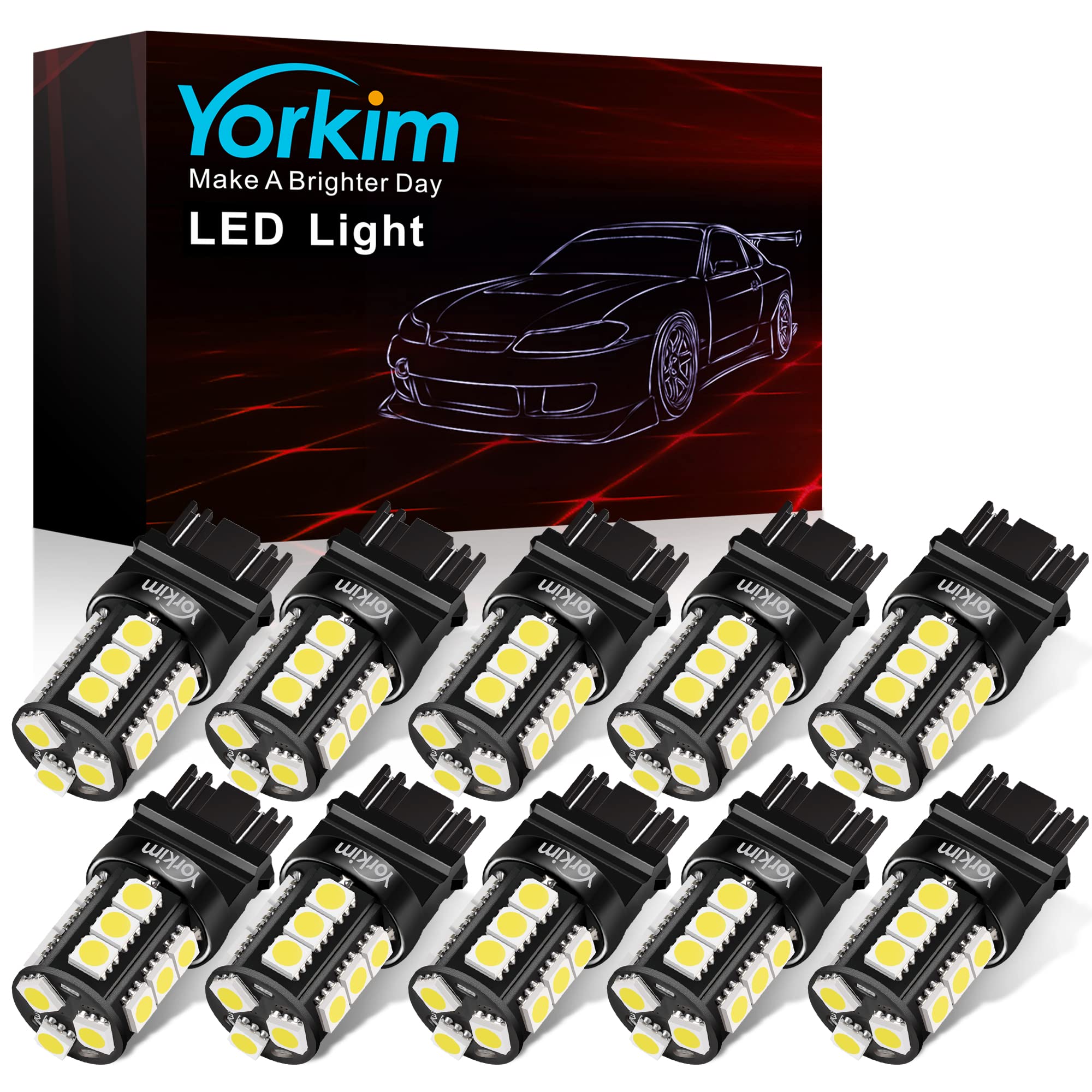 Yorkim LED Light Bulbs, Super Bright, 3157/3156 Size, White, Model 13, Pack of 10 for Brake and Reverse Lights