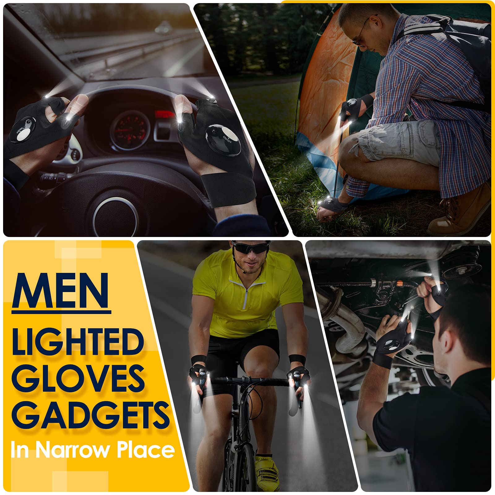 PARIGO LED Flashlight Gloves - Large, Black, Premium Spandex, Finger-less Design, Ideal Gift for Men, Dads, Fishing, Hunting, Camping