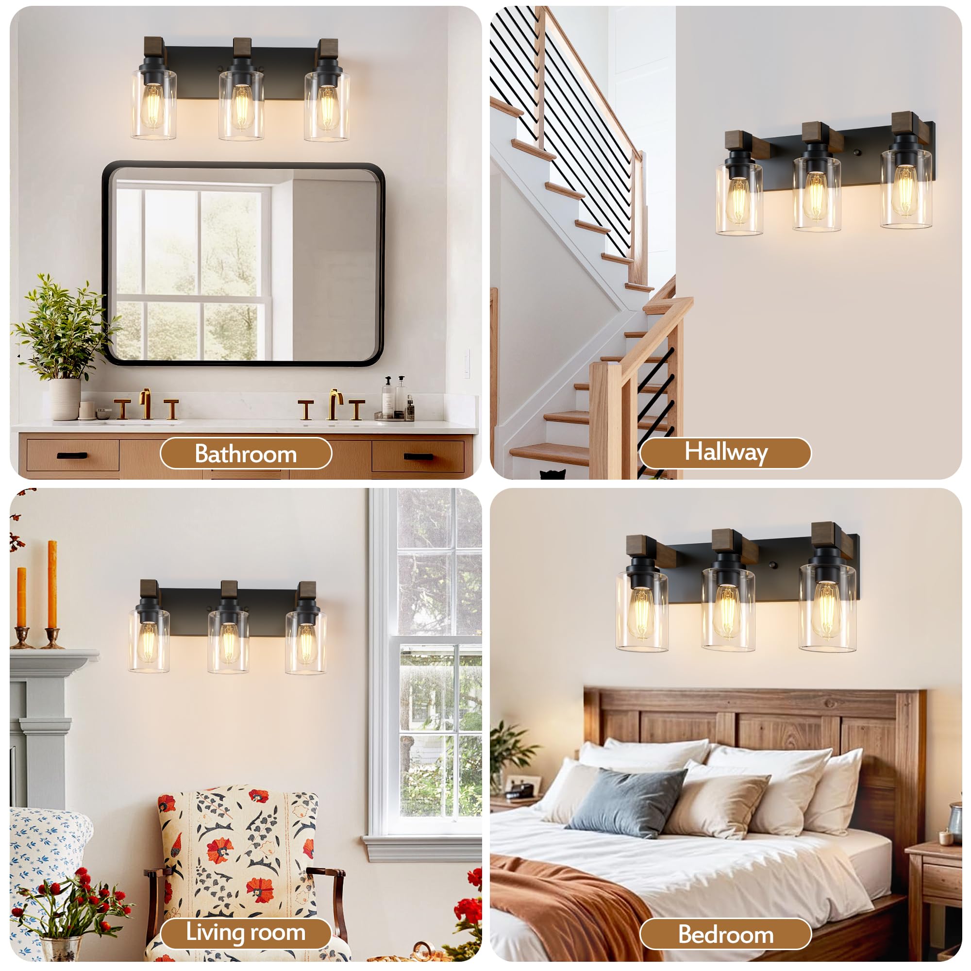 DvmTeom 3-Light Rustic Bathroom Vanity Light, Black & Wood, Vintage Glass Shade, Model D6005