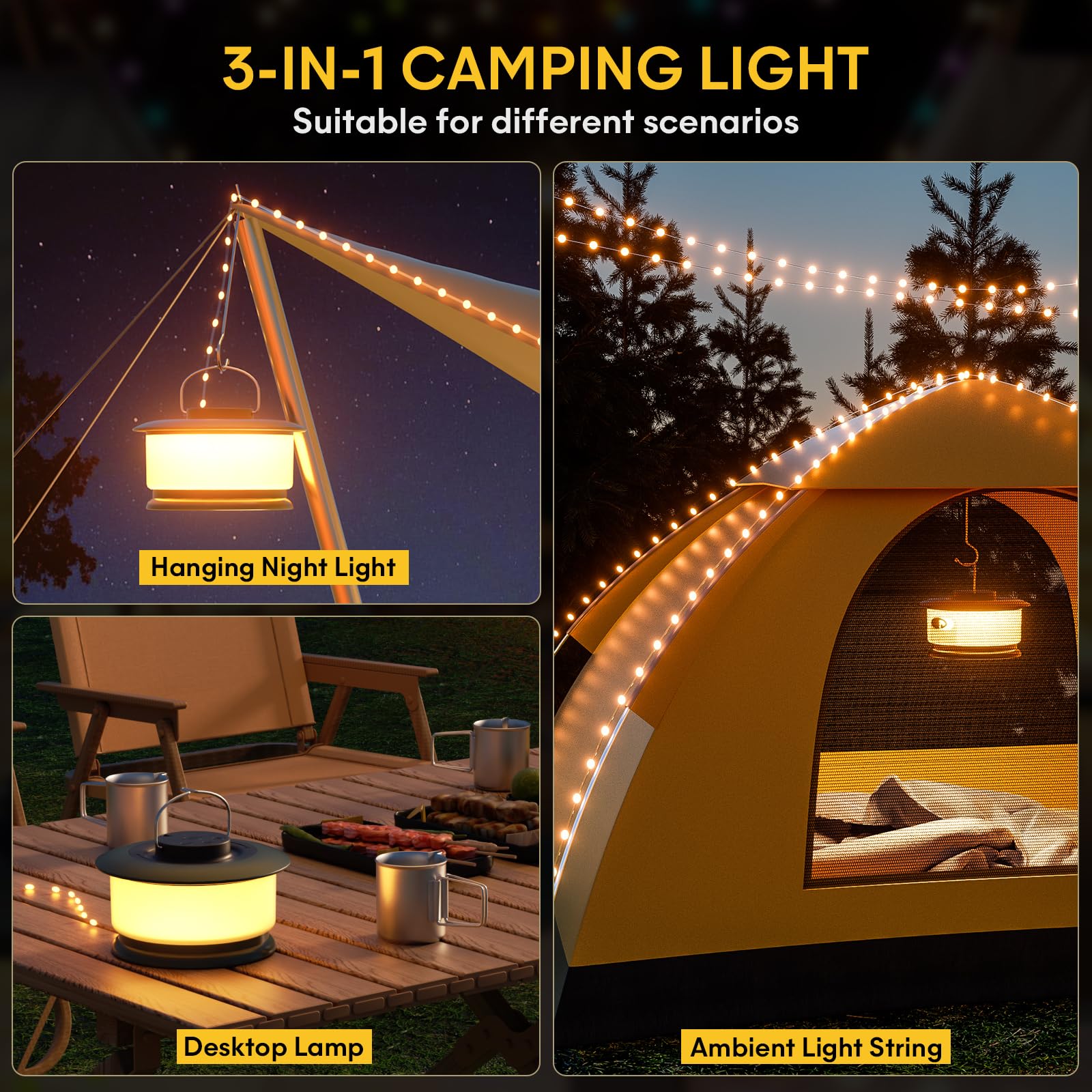 Hokone Camping String Lights, Waterproof LED Tent Light, 4 Lighting Modes, 1 Pack, Warm White, Model JSK-L20-WW
