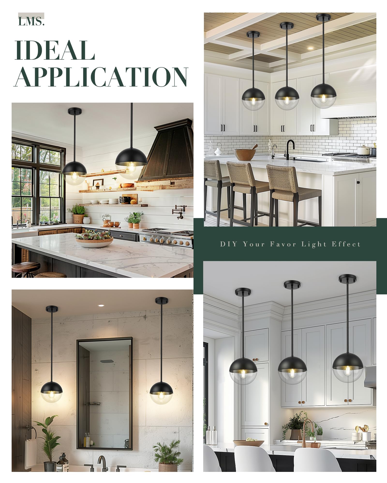 Lms Modern Pendant Lights, Matte Black Kitchen Island Pendant Light Fixtures, Adjustable Hanging Rod Ceiling Light For Dining Ro