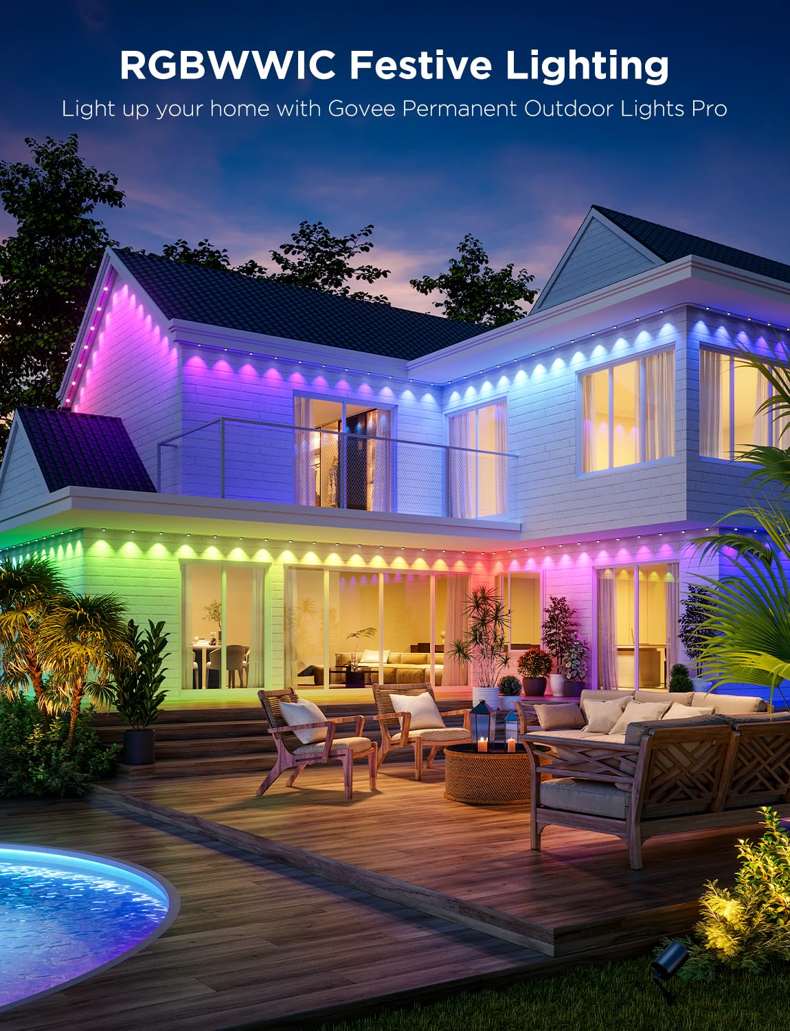 Govee 200ft Permanent Outdoor Lights Pro, 120 RGBIC LED, IP67 Waterproof, Works with Alexa/Google Assistant, White, Model H706C