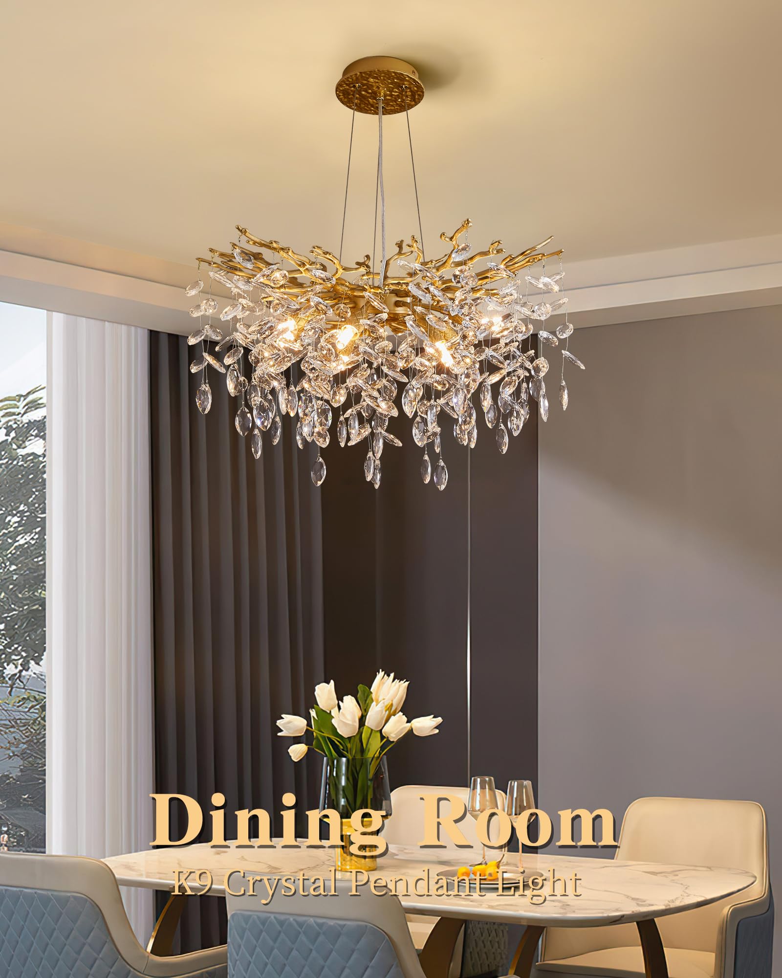 Modern Tree Branch Crystal Chandelier Luxury Gold Crystal Pendant Lighting 23.6'' Contemporary 8-Light Chandeliers For Dining Ro