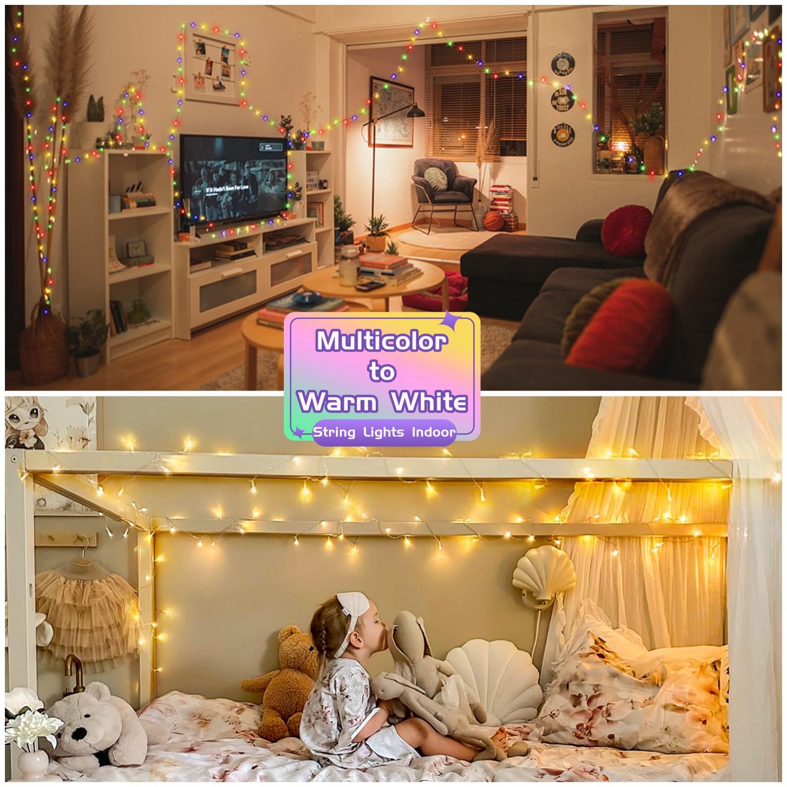 Jmexsuss 200 Led Color Changing String Lights Indoor Plug In, Warm White & Multicolor Christmas Lights Outdoor Clear Wire, 66Ft