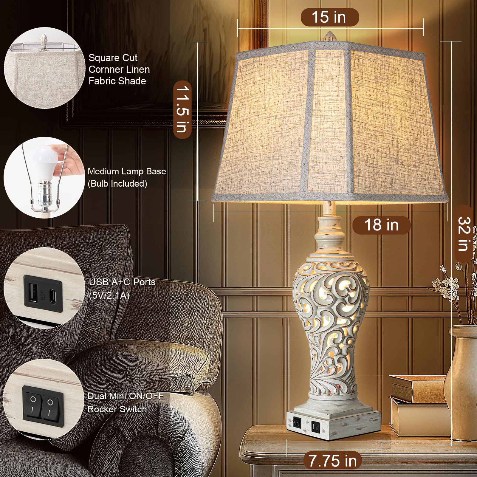 LuxSight Collection 32" Tall Table Lamps Set of 2, Cream Fabric Shades, USB Nightlight, Bulbs Included - Ideal for Bedroom & Living Room