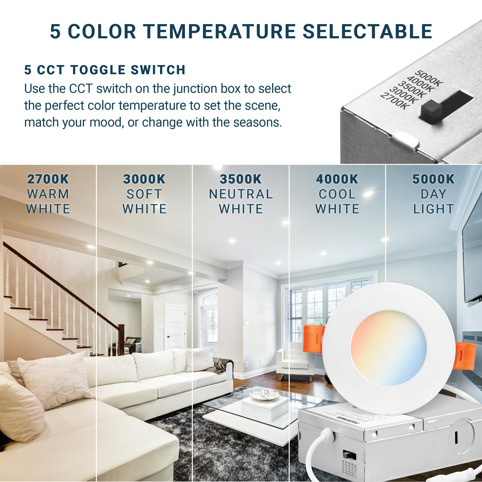 Parmida (12 Pack) 3 Inch 5Cct Ultra-Thin Led Recessed Ceiling Light With Junction Box, 5 Color Selectable 2700K/3000K/3500K/4000