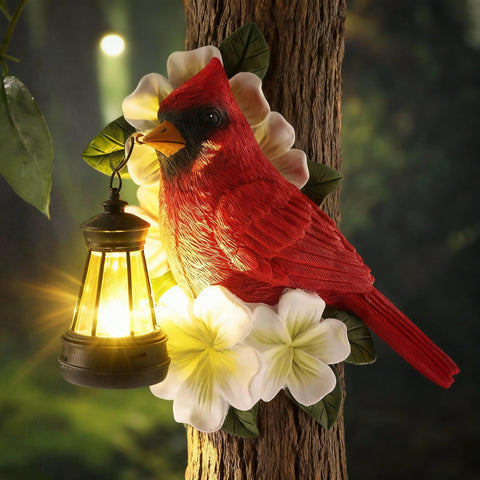 WILLBOND Cardinal Garden Decor with Solar Lantern 8.3 in Tree