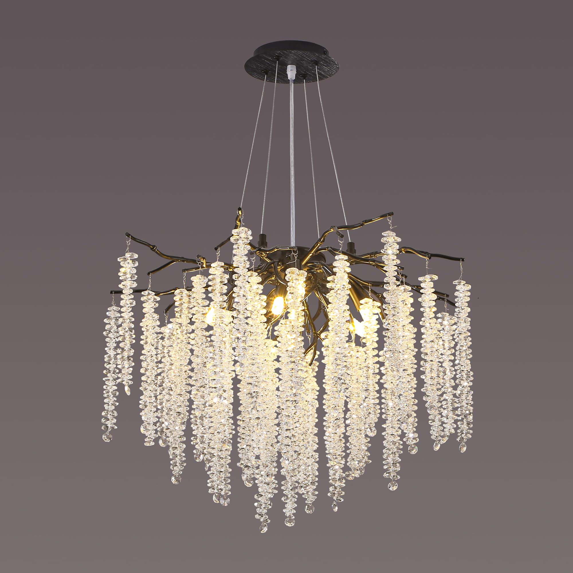 Upfelw Modern Crystal Tree Branch Chandelier, D31.5'' Black Round Raindrop Indoor Hanging Branch Chandelier Fixture For Dining R