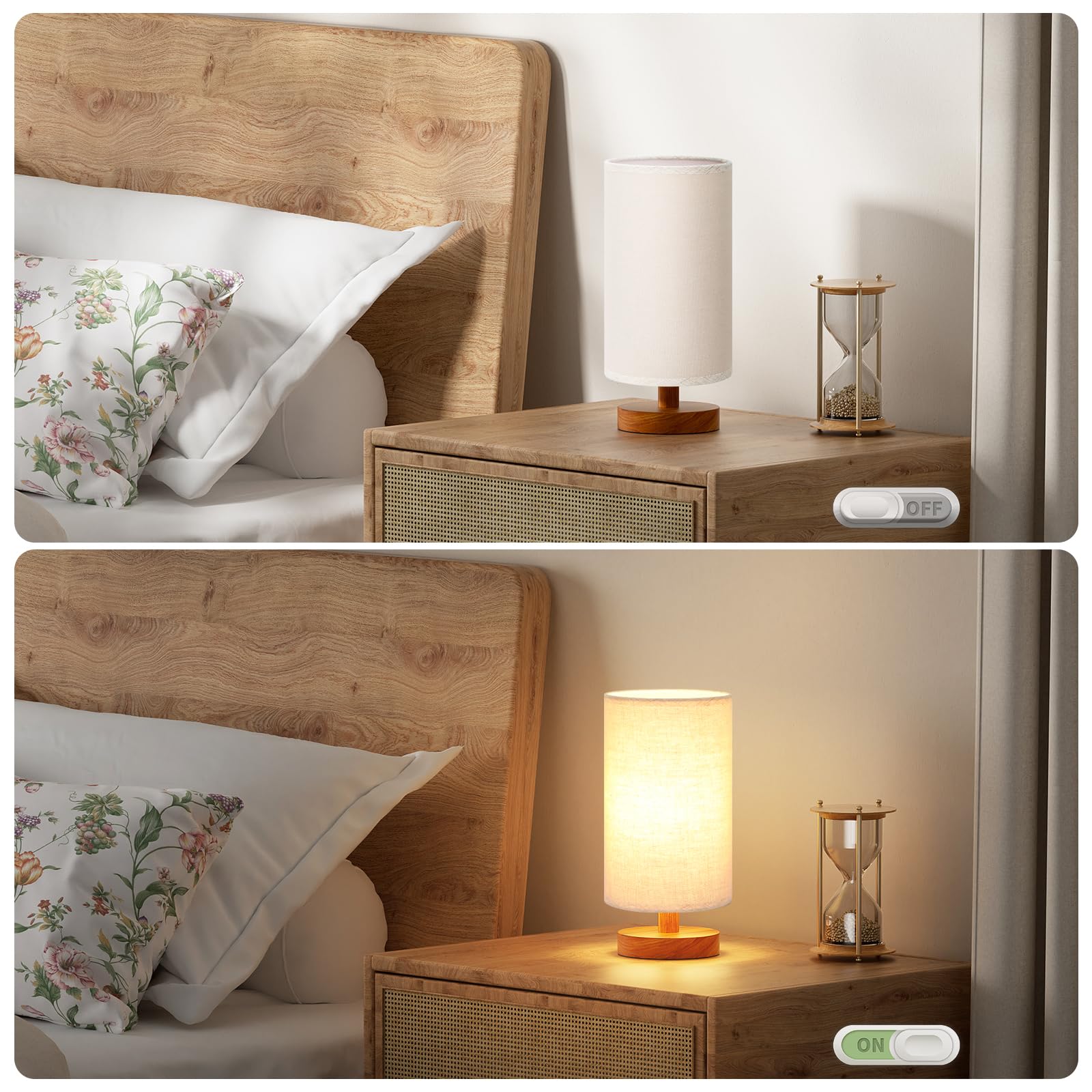 Fenmzee Small Table Lamp For Bedroom - Inline Control, Bedside Lamp With 3000K A15 Led Blub, Easy Assembly (Beige Shade - Walnut