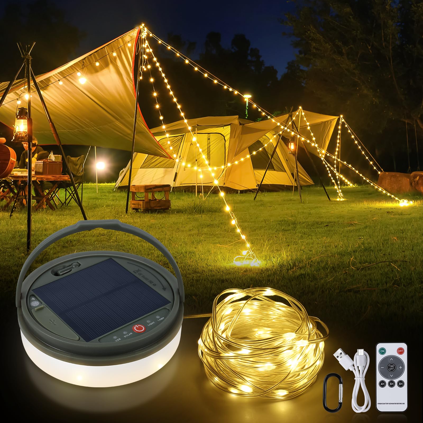 SMY Lighting 4 in 1 Solar Camping String Lights, 42.6Ft Ultra Long String with 160LEDs, Solar Powered and USB Rechargeable Light