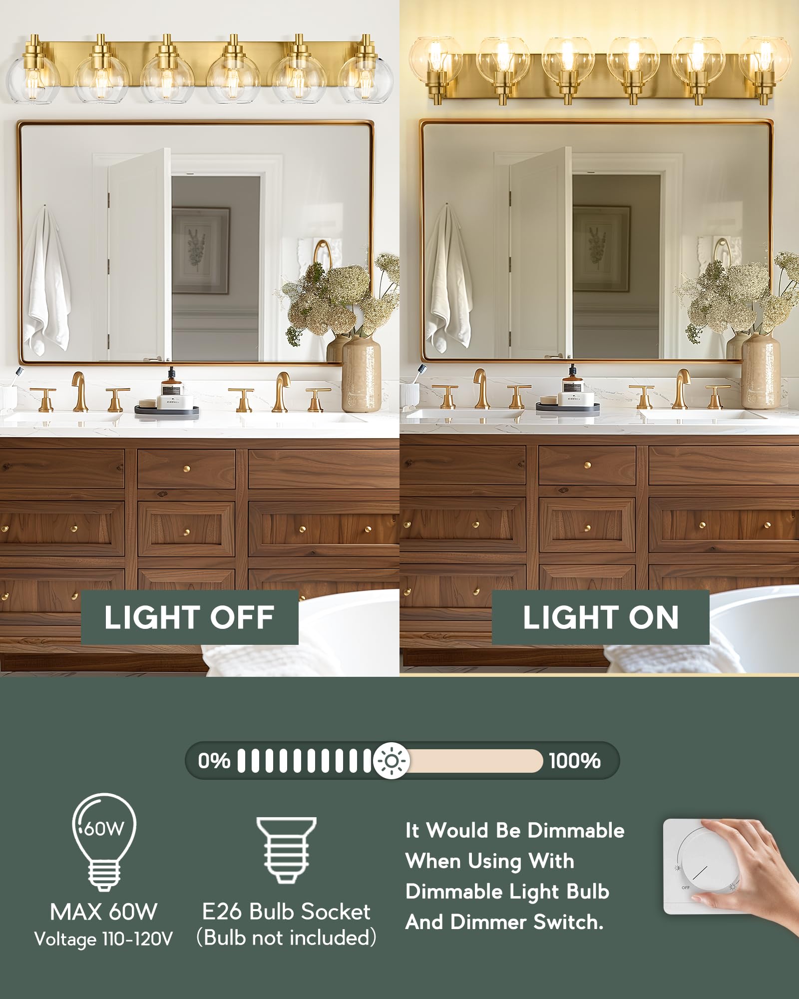 Metwet Bathroom Light Fixtures, 6 Light Brushed Gold Vanity Light, 38 Inch Modern Wall Sconces With Globe Clear Glass Shade, Van
