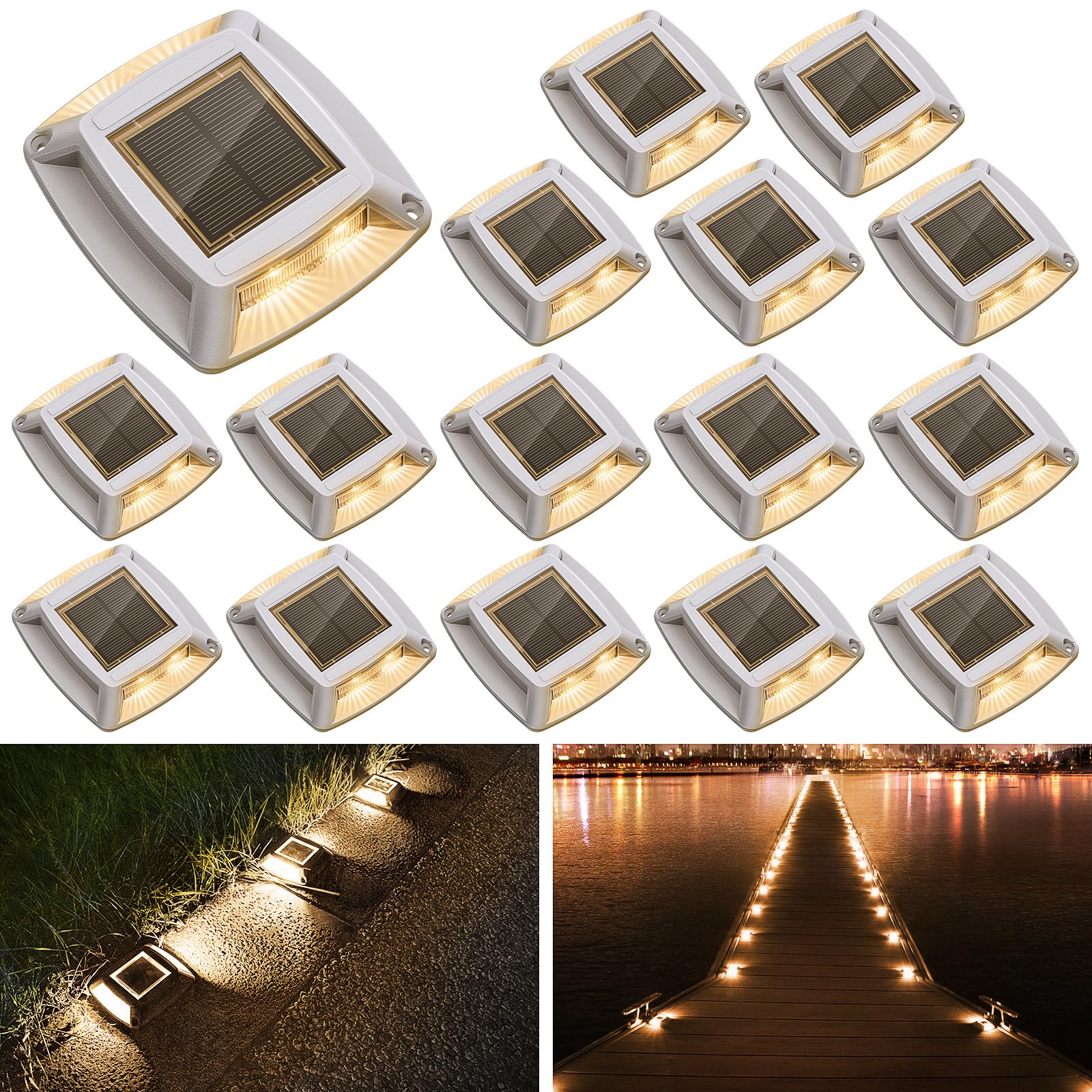 Solar Driveway Lights 16 Pack, Solar Powered IP68 Waterproof Dock Lights, 4 LED Driveway Markers Deck Light for Dock, Pathway, W