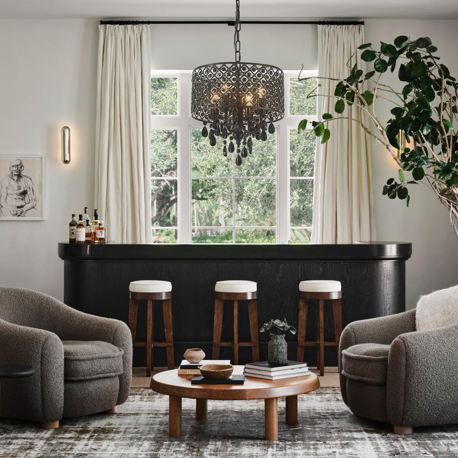 Viluxy Crystal Chandelier For Dining Room Black Smoke Ceiling Pendant Lighting Modern Crystal Hanging Light Fixture Small Drum C