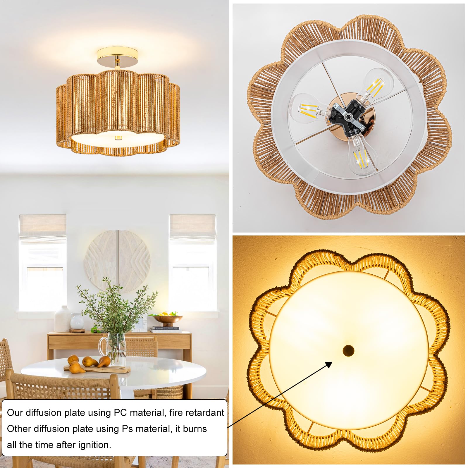 Tbaoinla Boho Light Fixture & Rattan Chandelier - Golden Plum Blossom Ceiling Light With Silk Road Artistry, Flush Mount Design