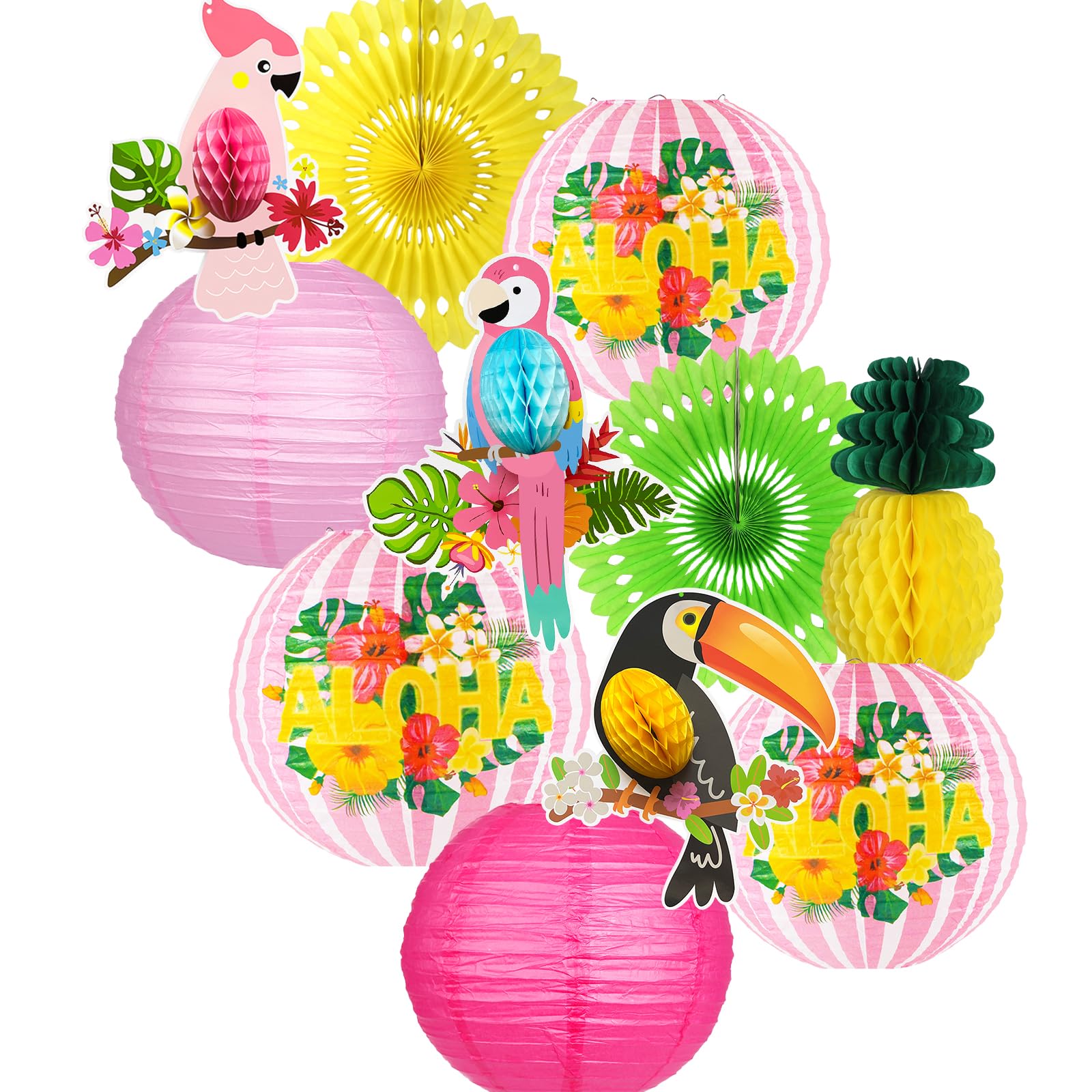 Zilue Luau Party Decorations, Aloha Paper Lanterns Tropical Parrot Birds Tissue Paper Fans Pineapple Honeycomb Decorations For B