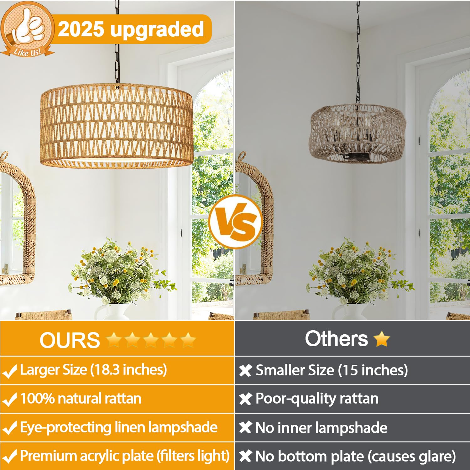 Lynnoland 5-Light Farmhouse Chandelier, Hand Woven Rattan Pendant Light, Rustic Brown Lighting for Dining Room, Kitchen, Bedroom