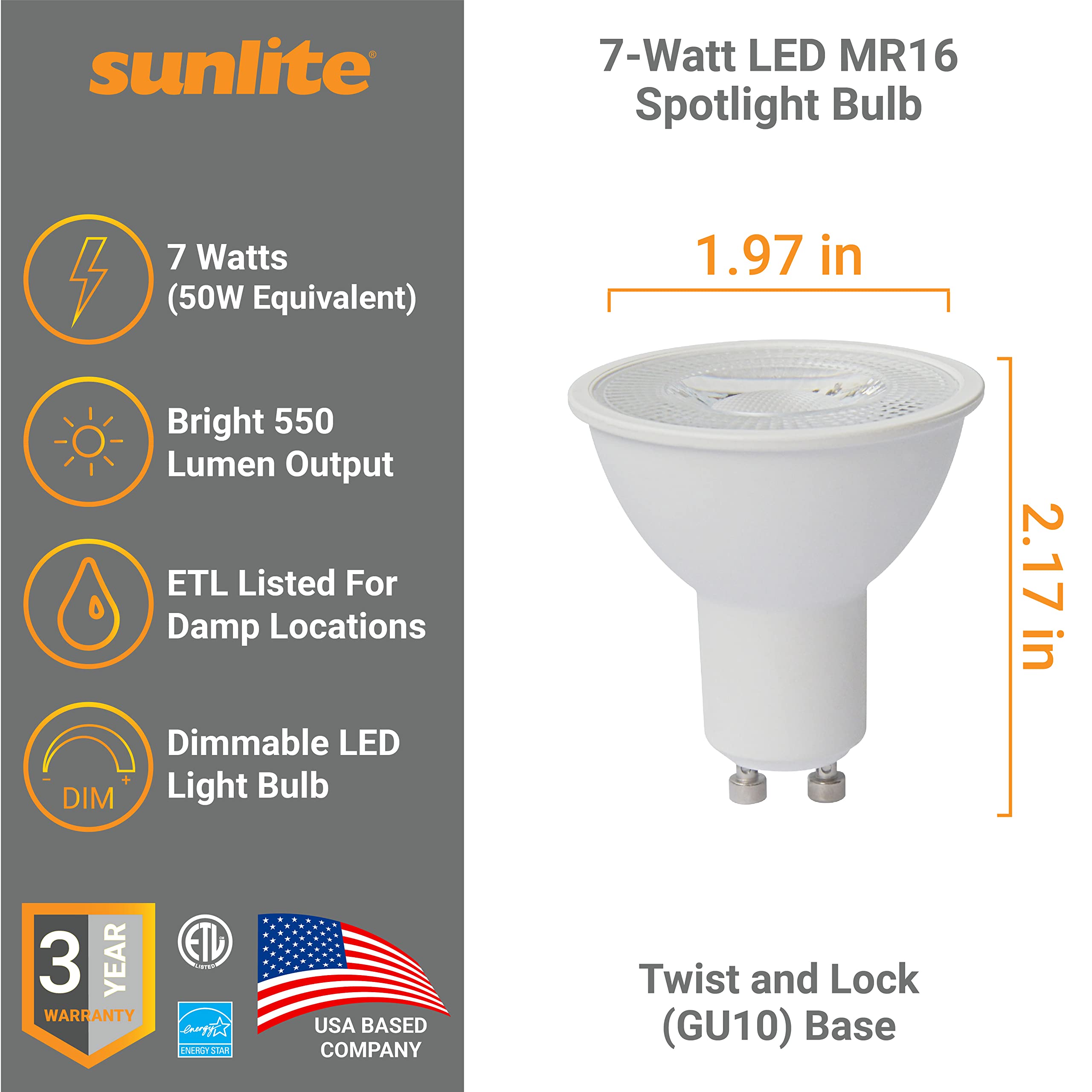 Sunlite 80529 Led Mr16 Reflector Spotlight Bulb, 7 Watts (50W Halogen Bulb Replacement) 120 Volt, 550 Lumen, 35 Flood Beam, Gu10