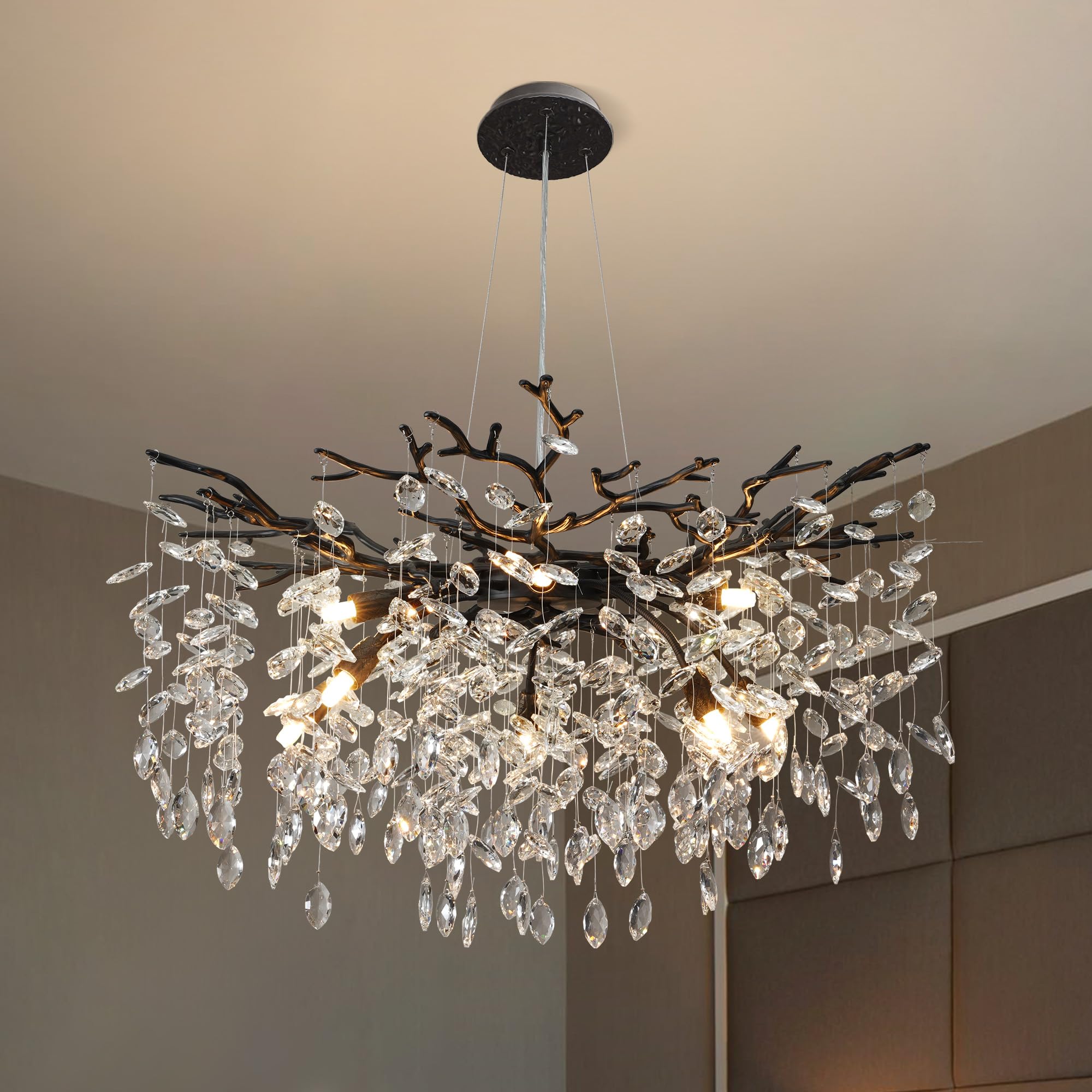 Yuyi Modern Crystal Chandelier, 30'' Black Tree Branch Chandelier, 10-Light Round Chandeliers For Dining Room, Living Room, Foye