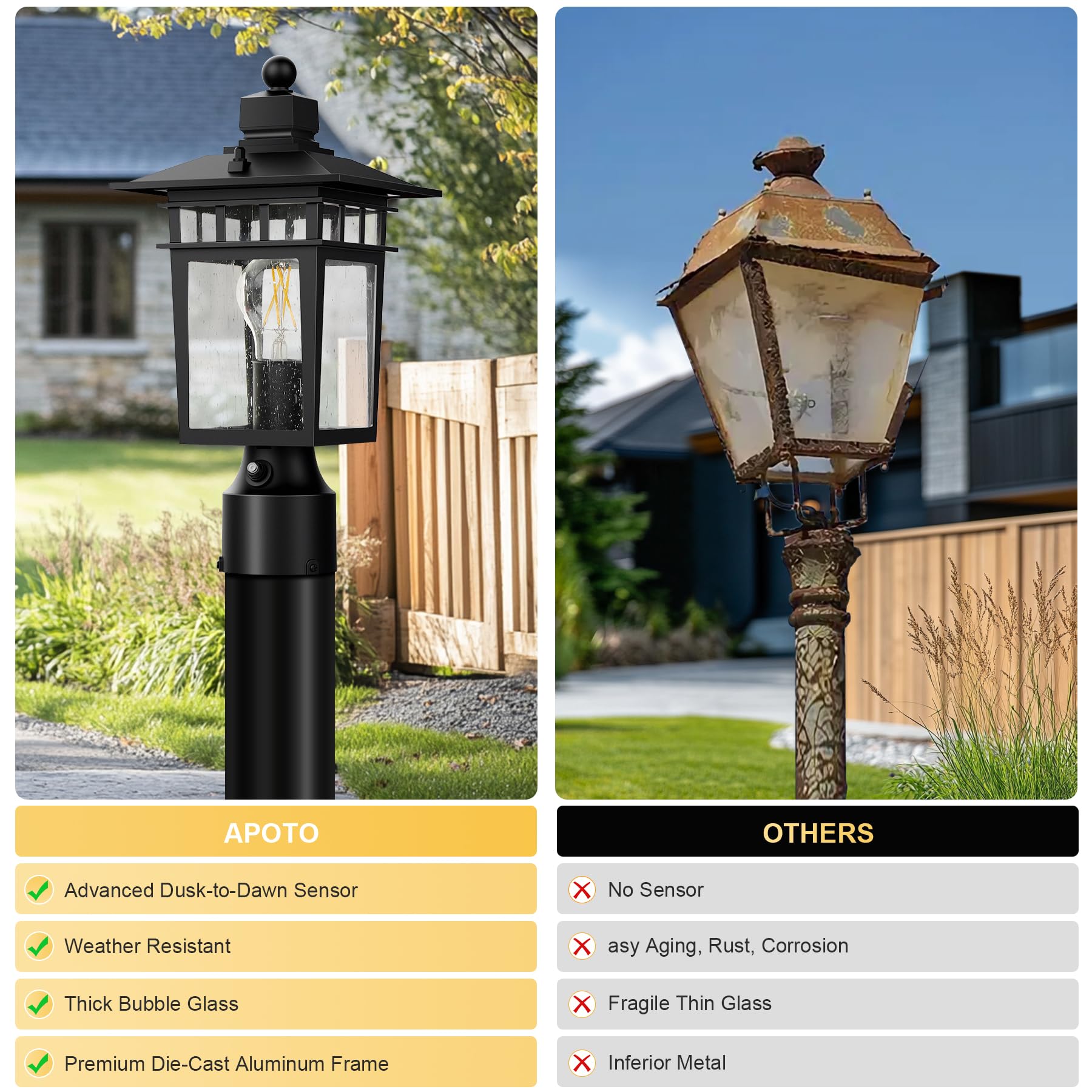 APOTO Dusk to Dawn Outdoor Post Light Fixture, 14.2-Inch Aluminum, Black, Hard Wired, 1-Pack