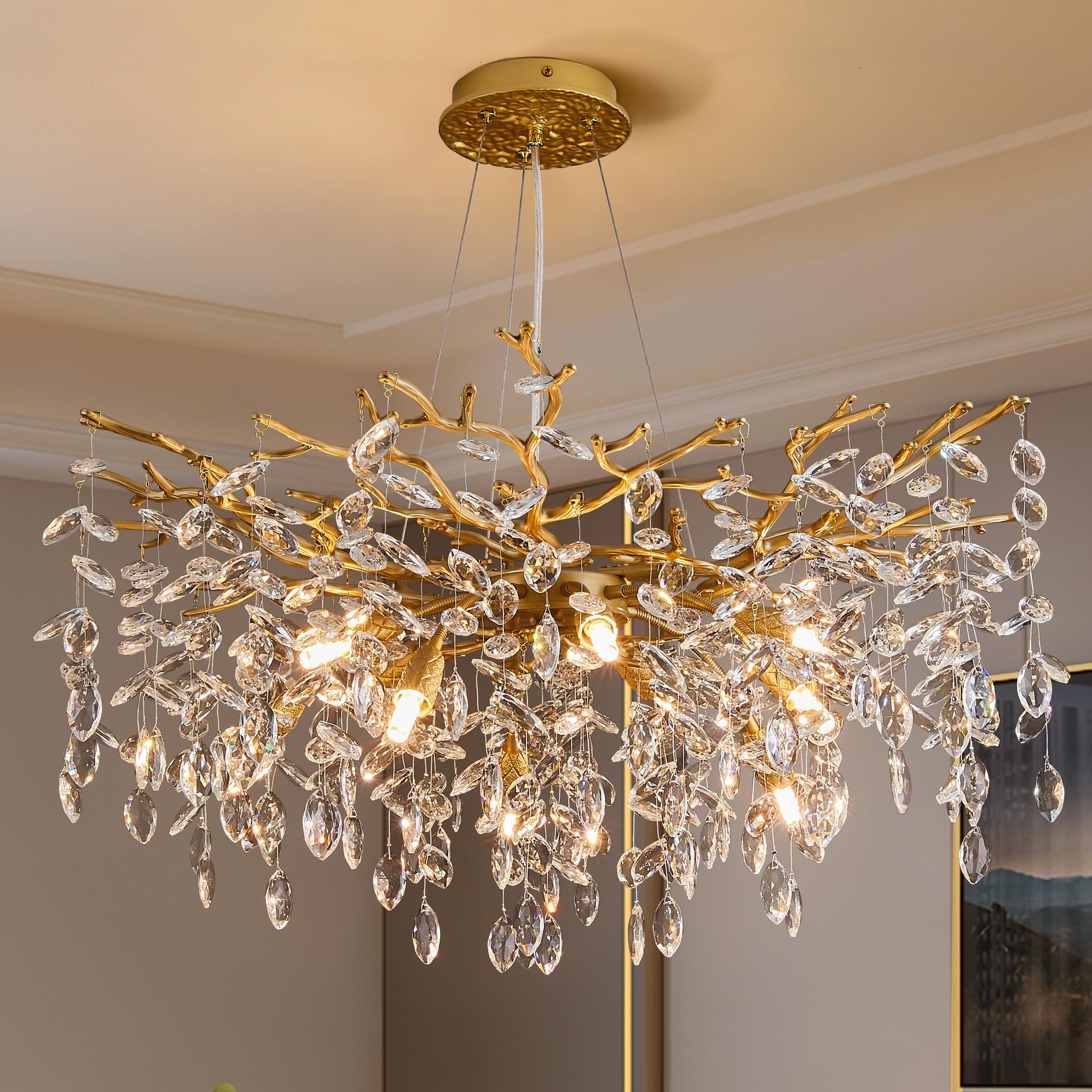 Modern Tree Branch Crystal Chandelier Luxury Gold Crystal Pendant Lighting 30'' Contemporary 10-Light Chandeliers for Dining Roo
