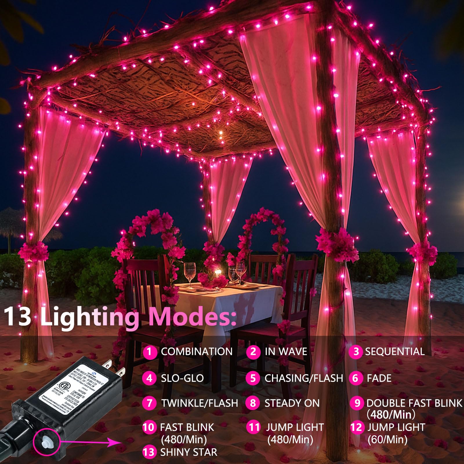 SANJICHA 200 LED Extra-Long 66FT Pink String Lights, Waterproof Fairy Lights for Indoor/Outdoor Decoration, Model MLS-D29V6WUC-O