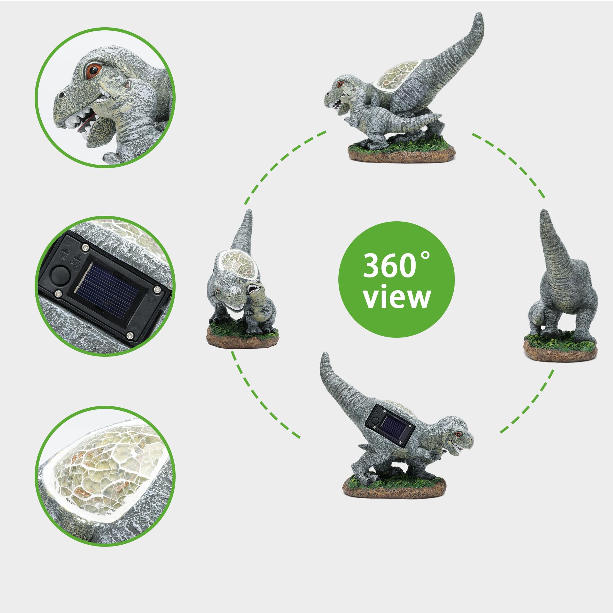 Rezpuao Garden Statue Dinosaur, Solar Light Outdoor Decor, Resin Figurine, Gray, Model CA81401